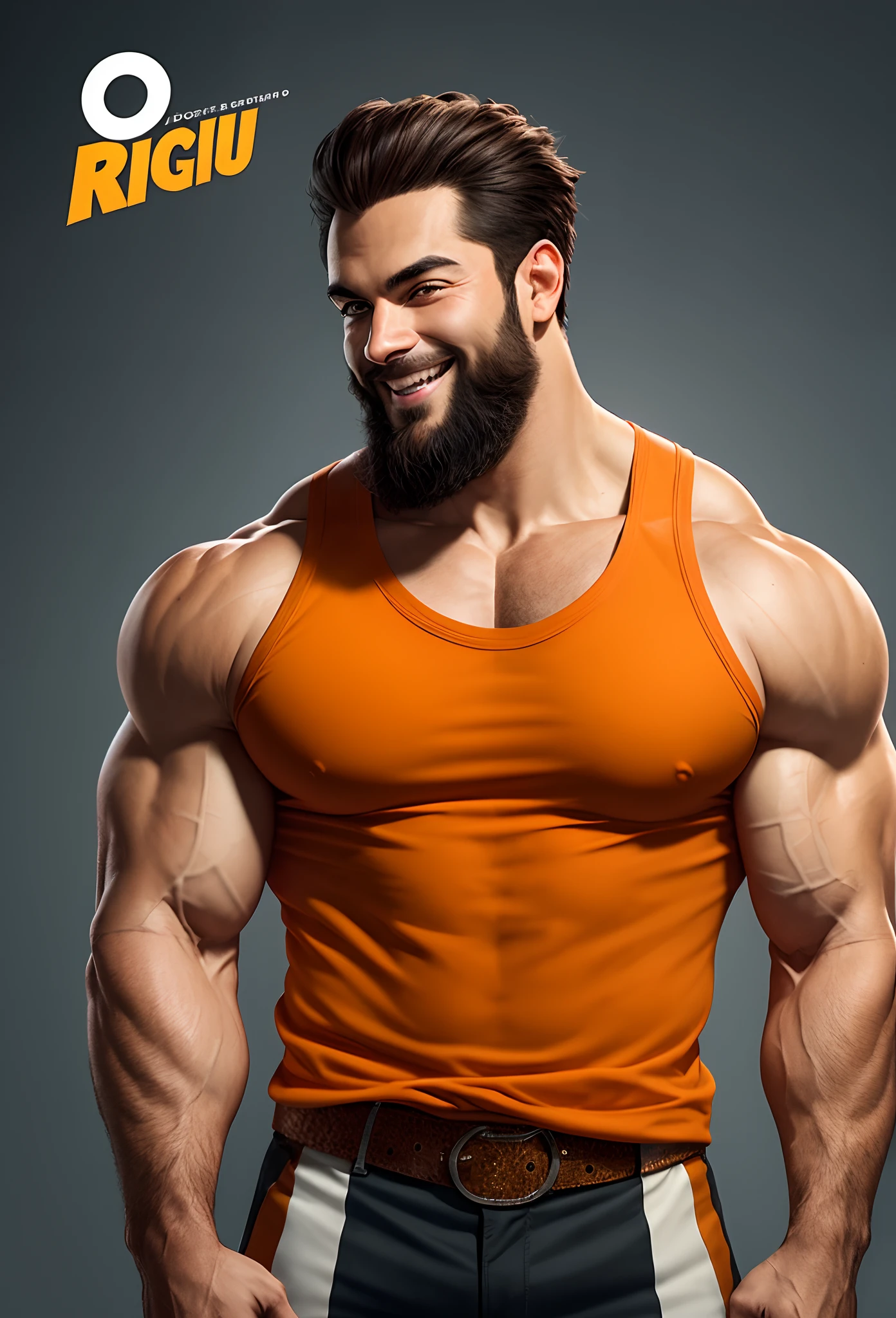 Disney Pixar-inspired movie poster with title [Cadu]. [ 30-years-old young good looking man,
with a orange color ribbed tank top, a silly smile on his face, a
dark blown hair haircut, well-shaped and defined dark brown beard, black colored eyes and eyebrows, he has
also light-skin skin and a big muscle body]. The scene should be in the distinct digital art style of Pixar, with a focus on character expressions, vibrant colors, and detailed textures that are characteristic of their animations, with the title “[Cadu]”