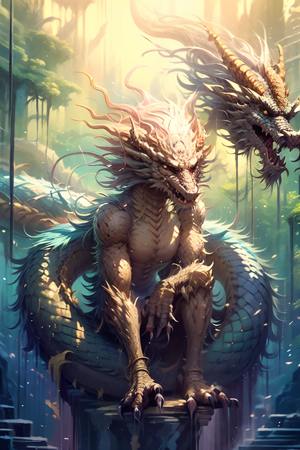 a painting of a dragon with a long tail, mythical creature, symmetrical epic fantasy art, detailed fantasy digital art, detailed digital 2d fantasy art, detailed fantasy art, ancient creature, digital painting of quetzalcoatl, fantasy creature, highly detailed fantasy art, epic fantasy digital art style, digital 2d fantasy art, fantasy art behance