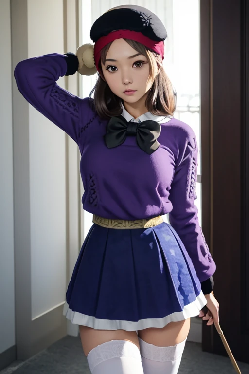 (iwanagadress:1.2), (iwanagakotoko:0.9),(beret:1.8), iwanaga kotoko, 1girl, beret, black bow, blue skirt, bow, brown footwear, cane, dress, hair bow, hat, holding, holding cane, juliet sleeves, light brown hair, long sleeves, looking at viewer, petticoat, puffy sleeves, purple eyes, short hair, skirt, solo, thigh strap, thighhighs, white dress, white headwear, white thighhighs, kyokou suiri