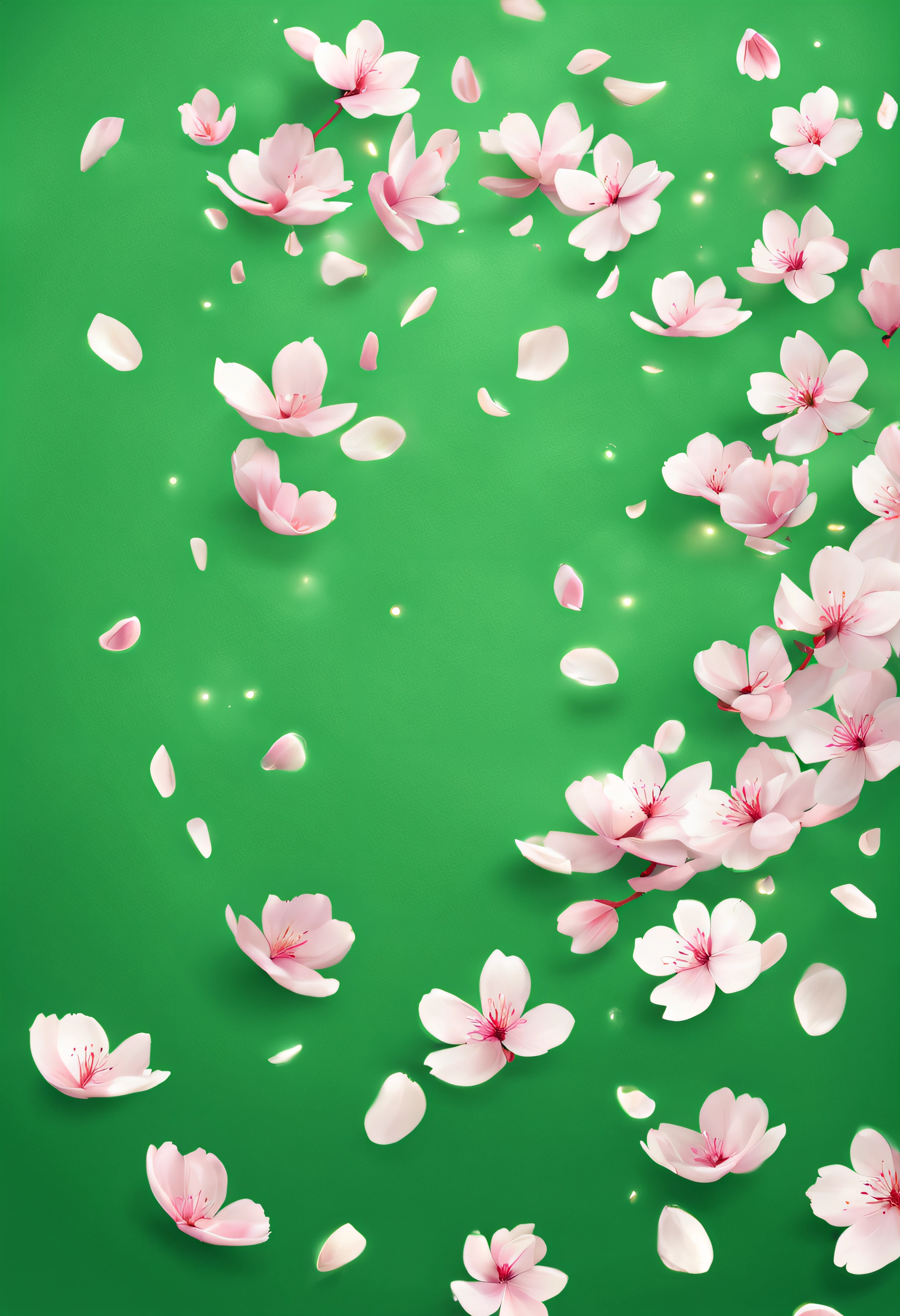 sakura petals flying, realistic, flat green background