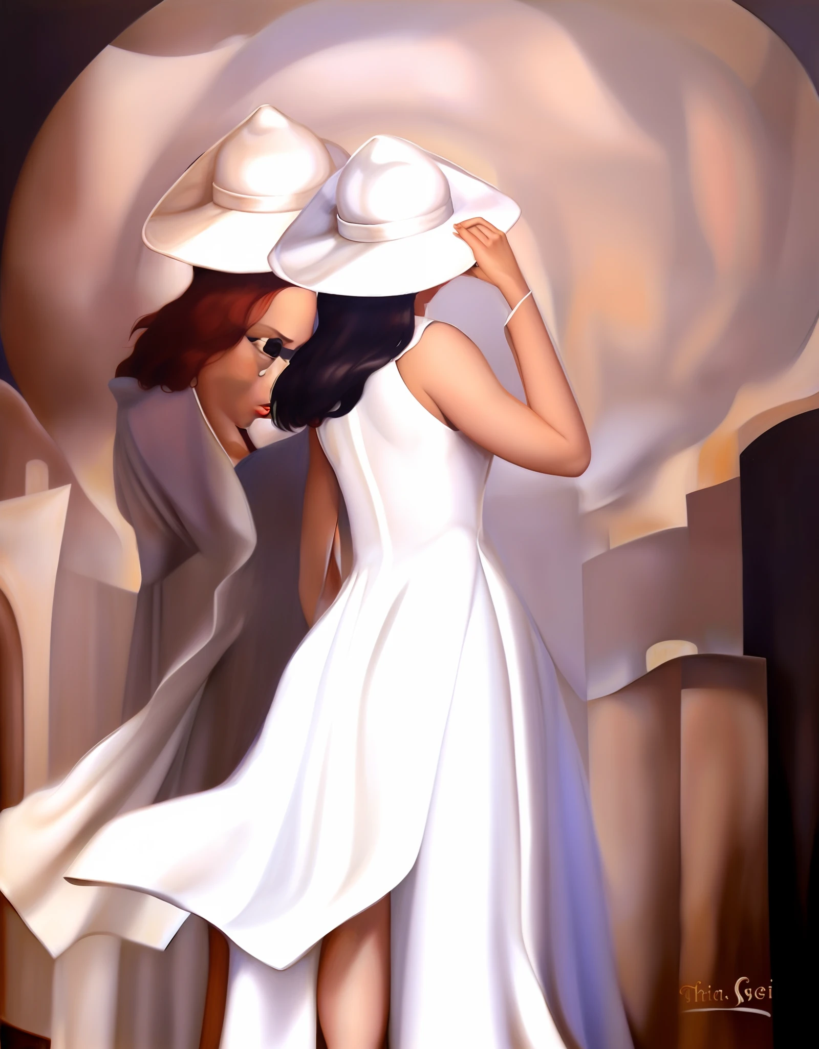 Painting of two women in white dresses and hats with their backs to the side, Directed by: Kim Du-ryang, Directed by: Ruth Jên, por Kim Deuk-sin, Directed by: Bridget Bate Tichenor, pintura figurativa, Directed by: Ma Quan, Directed by: Elaine Hamilton, por Mei Qing, arte figurativa, flowing white robes, Directed by: Kay Sage, inspirado em Raphaelle Peale