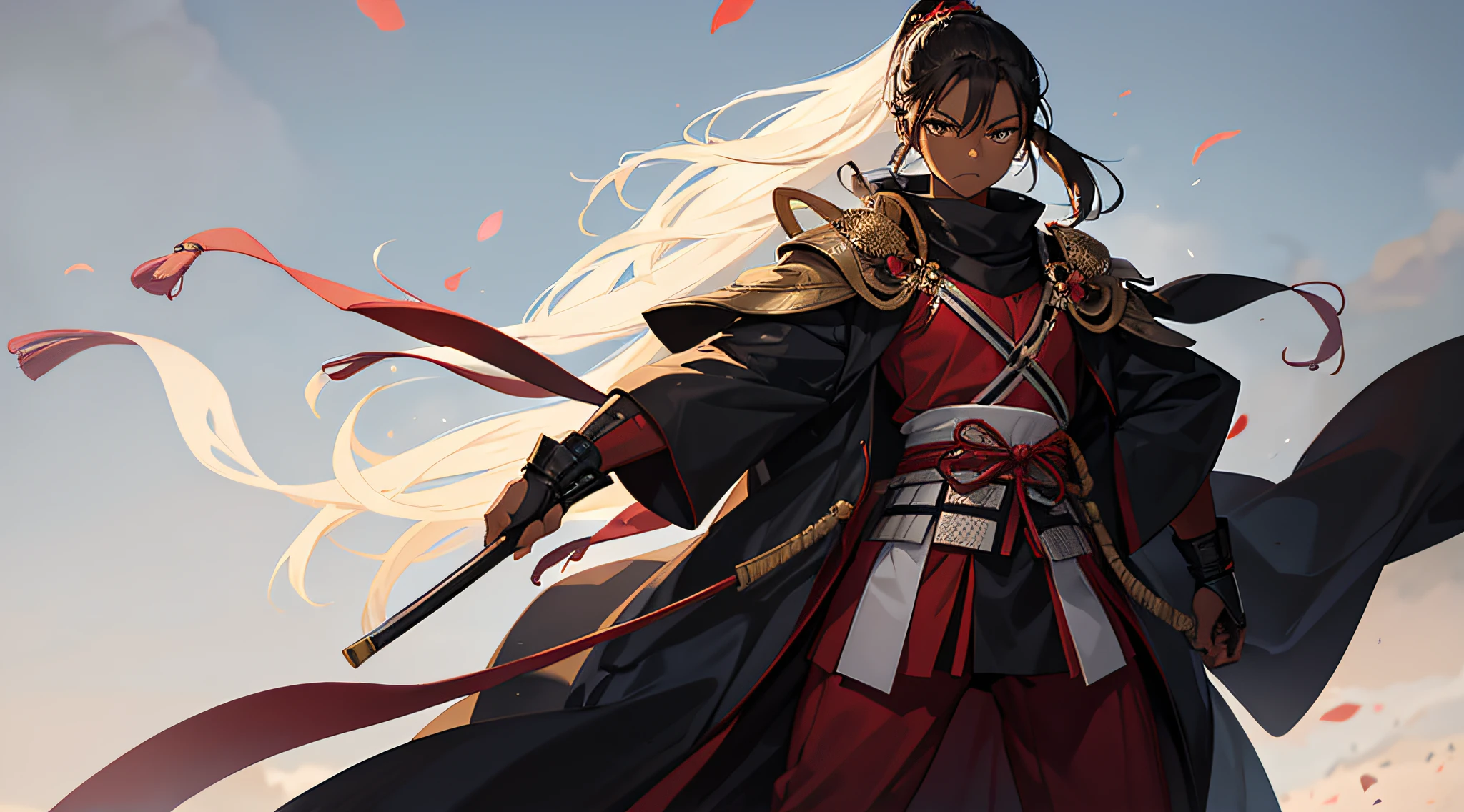 This young member of the Senju Clan stands tall at 1.82 meters with very dark skin and determined eyes. He sports long, brown hair tied in a samurai-style ponytail, complemented by unique, tree-colored green eyes. His attire reflects the clan's traditions, embodying strength and courage in his character, ???, man, full body, young, dark skin