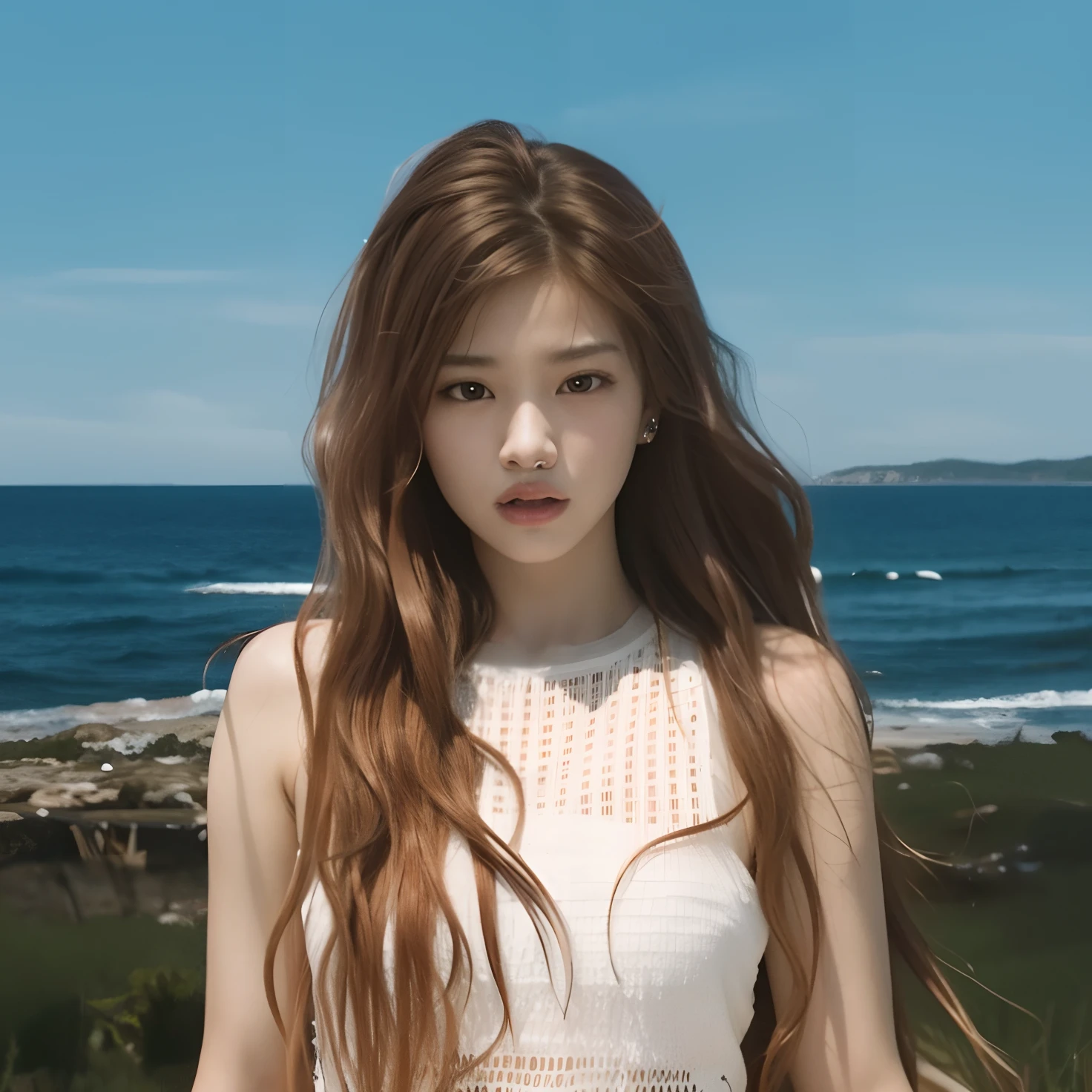 Arafed woman with long hair standing in front of the ocean, Jinyoung Shin, Jossi de Blackpink, Heonhwa Choe, Jaeyeon Nam, Kim Hyun Joo, Bae Suzy, JIA, Retrato de Jossi de Blackpink, Taejune Kim, Seseon Yoon, Parque Roseanne de Blackpink, Blackpink Jennie, Parque Ji-min, con el pelo largo