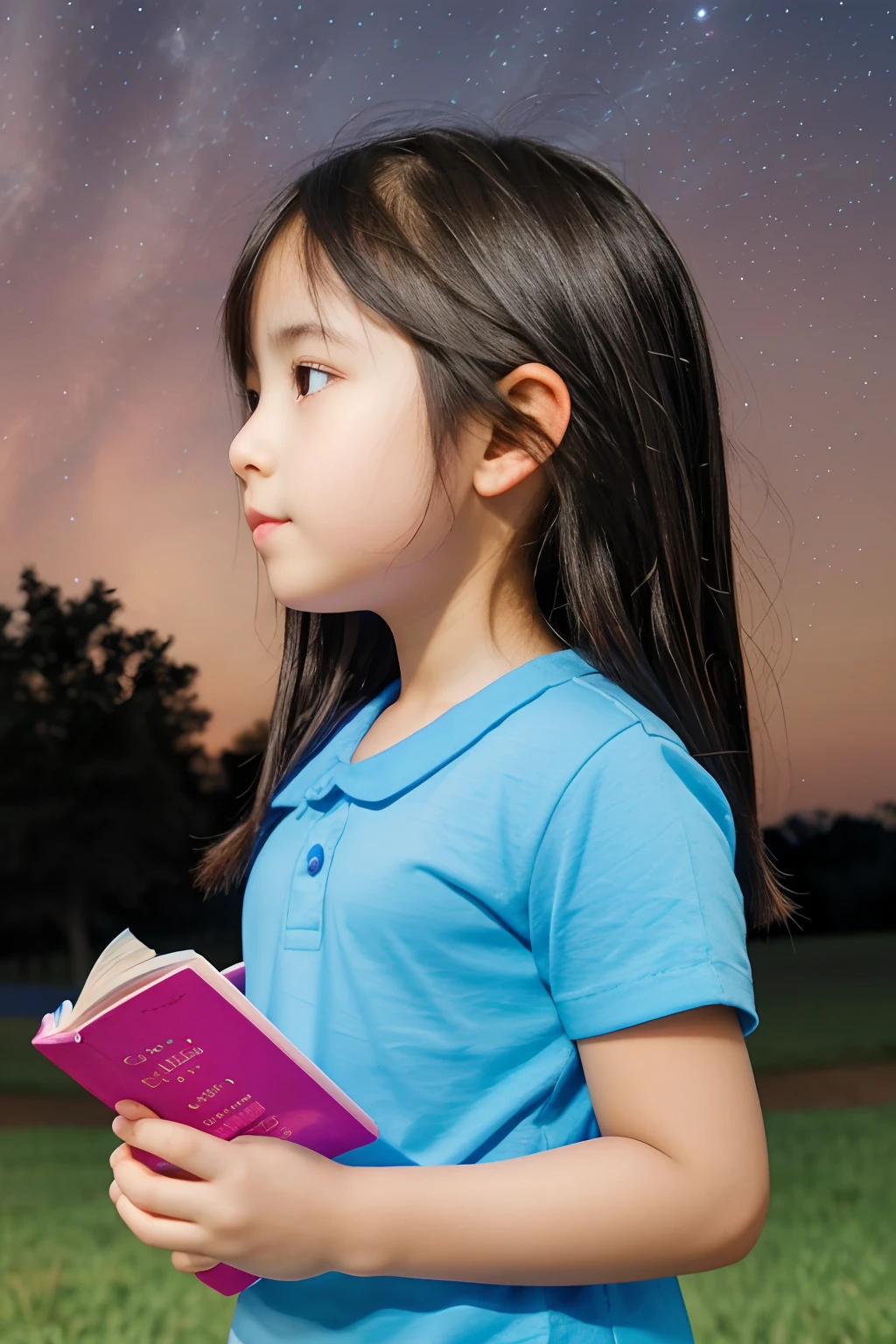 A CUTE TODLLER GIRL READING BOOK, blue and pink shirt,  side portrait view, detailed, night sky background