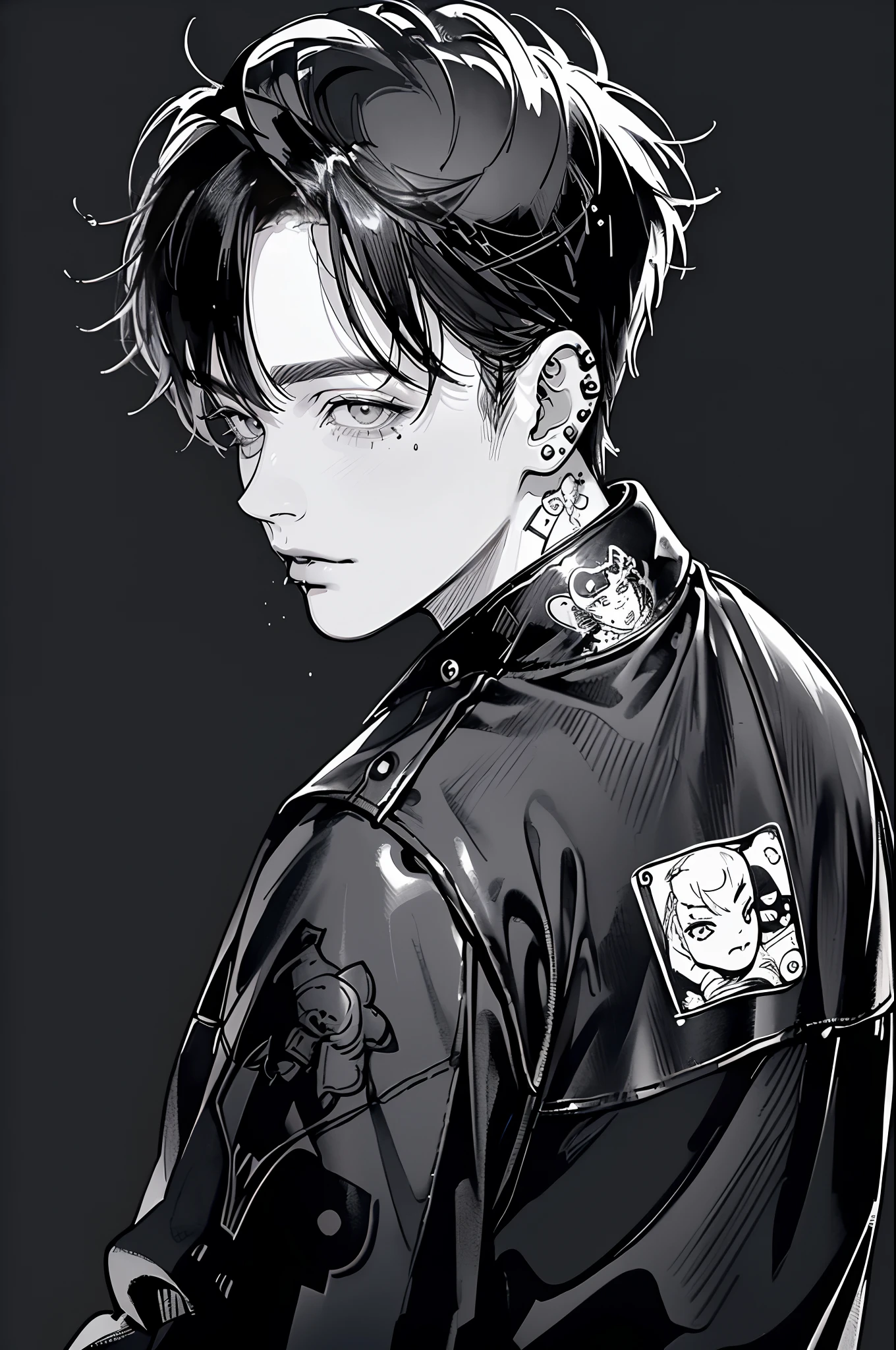 (4K works))、masterpiece、(top-quality)、((black backgrounds))、Korean Male、Adult male、((Adult 50 years old))、((Adult uncle type))、((Leather Jeans Style))、((Face similar to Hyunjin))、Cool Men、tall、((Wild features))、((Long sleeve long trouser style))、((Smaller face))、Slim body、(((short-haired)))、((shot from a side angle))、((profile))、((Turn the body to the side))、((Shot alone))、((Solo Photography))、Professional Photos、((He is in front of the viewer))、((Monochrome photography))、((Upper body photography))、((Wear a lot of piercings))、((Mouth piercing))、((Icon Photo))、((Sick Boys))、((Mine Boys))、((tattoo))、((Mine photo))、((Bad Boy Pose))