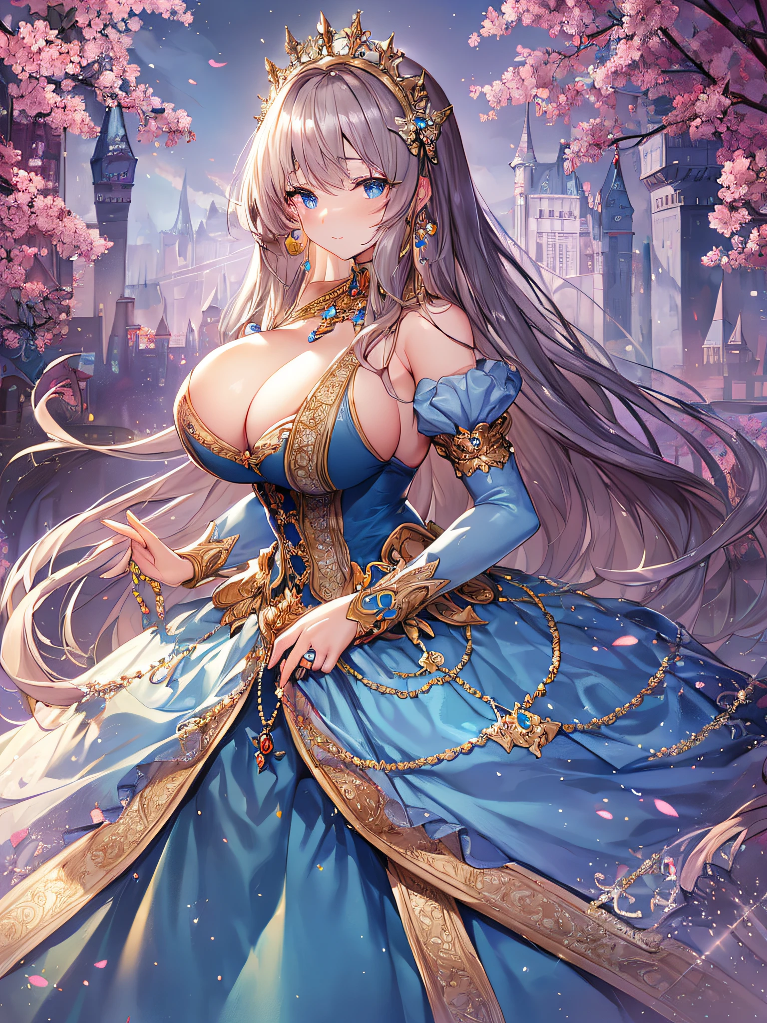 anime artstyle,Masterpiece,Best Quality,Super Detail,Very Delicate and Beautiful,Solo,full body,full body portrait,((1 princess)),((fantasy castle,outdoor)),((crinoline,long train)),super detailed gorgeous princess ballgown with voluminous full length hoop skirt,gorgeous princess rococo ballgown with big bows,gorgeous princess rococo ballgown with big bows,gorgeous princess rococo ballgown with beautiful embroidery and jeweled,detailed face and eyes,jewel-like eyes,((large amount of straight hair,extremely voluminous Very Long Hair,Absolutely Long Straight Hair)),((((very gigantic boobs)),cleavage,Skindentation,extremely gorgeousfull hair ornament,bling-bling extremely gorgeousfull jeweled tiara,luxurious jewelry,full body