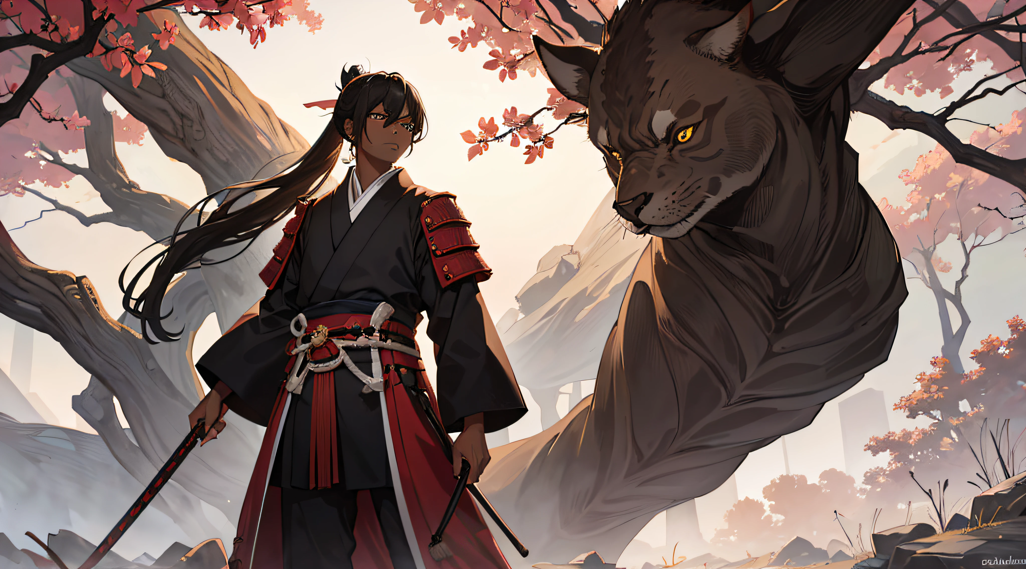 This young member of the Senju Clan stands tall at 1.82 meters with very dark skin and determined eyes. He sports long, brown hair tied in a samurai-style ponytail, complemented by unique, tree-colored green eyes. His attire reflects the clan's traditions, embodying strength and courage in his character, kid, man, full body, young, dark skin