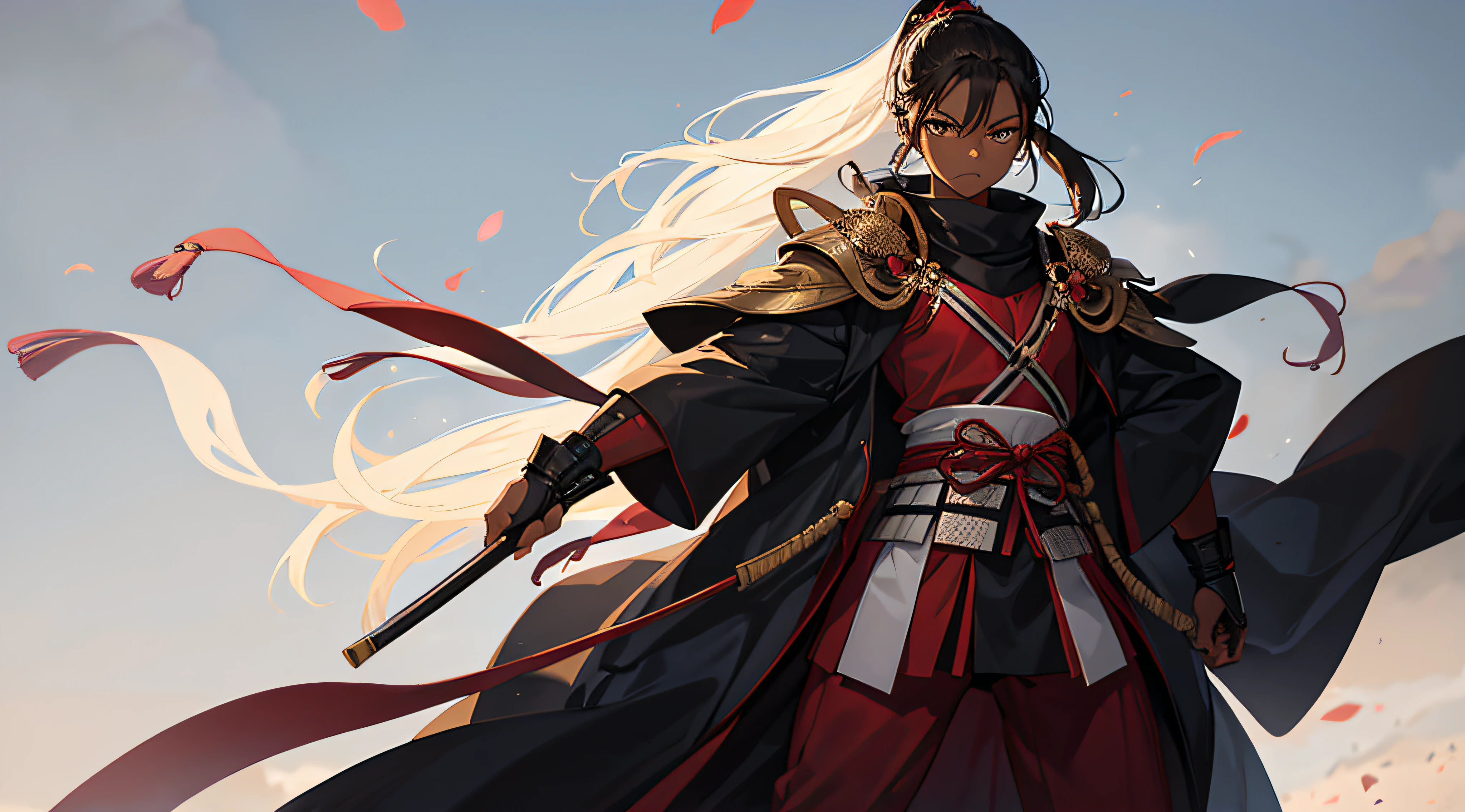 This young member of the Senju Clan stands tall at 1.82 meters with very dark skin and determined eyes. He sports long, brown hair tied in a samurai-style ponytail, complemented by unique, tree-colored green eyes. His attire reflects the clan's traditions, embodying strength and courage in his character, kid, man, full body, young, dark skin