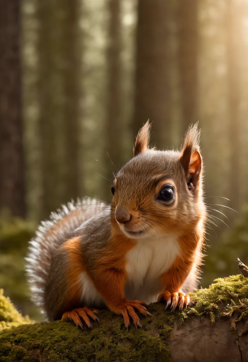 magical enchanted forest with snow, a child plays with little squirrels, bokeh effect, high rendering, fully realistic, photography, UHD cinema photo, filmed by Guillermo del Toro, front side view, reality, official art, 8K quality, Super detail, fine detail skin, film angle, cinematic textures, masterpiece, best image quality,