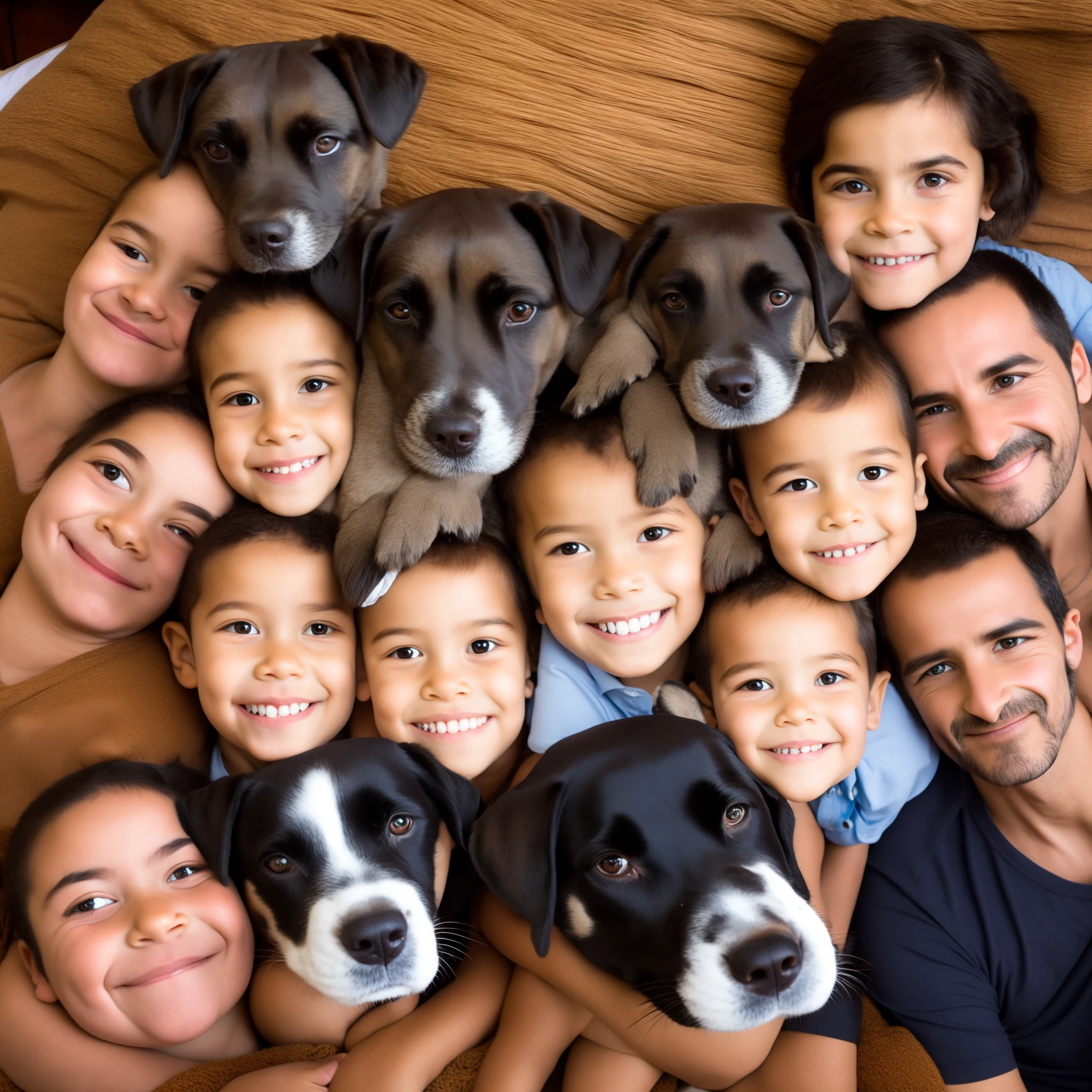 Portrait de famille :
- papa brun yeux bleus
- chiot labrador blanc
- bébé yeux bleus
- chat marrons poils longs
- maman brune, yeux marrons, tatouée