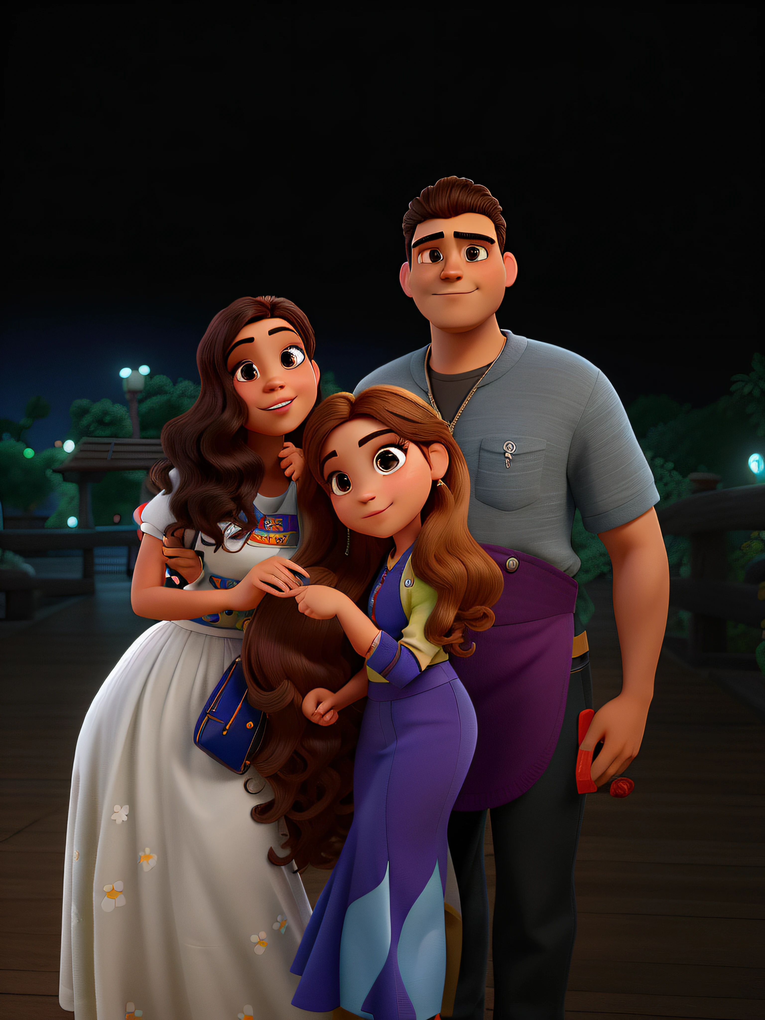 Tres pessoas estilo disney pixar, do lado esquerdo, uma mulher um pouco morena, cabelos cacheados, no meio, uma mulher branca,loira e do lado direito um homem branco, camiseta cinza. Alta qualidade, melhor qualidade