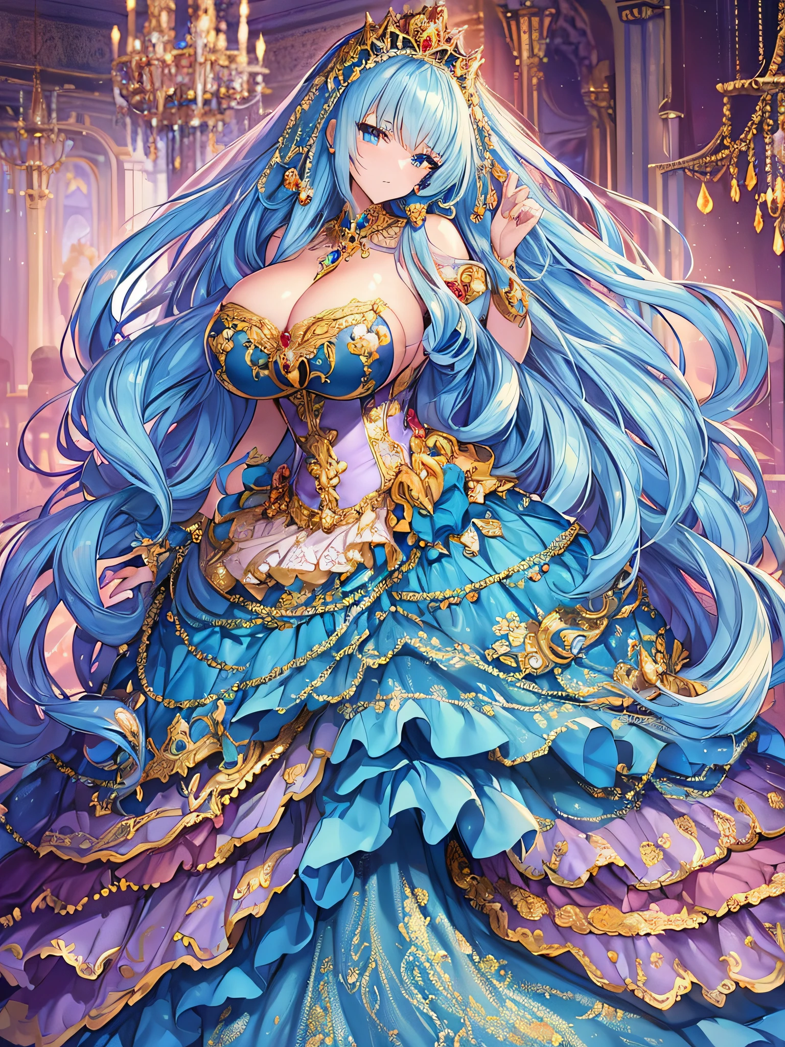 anime artstyle,Masterpiece,Best Quality,Super Detail,Very Delicate and Beautiful,Solo,full body,full body portrait,((1 princess)),((fantasy castle,outdoor)),((crinoline,long train)),super detailed gorgeous princess ballgown with voluminous full length hoop skirt,gorgeous princess rococo ballgown with big bows,gorgeous princess rococo ballgown with big bows,gorgeous princess rococo ballgown with beautiful embroidery and jeweled,detailed face and eyes,jewel-like eyes,((large amount of straight hair,extremely voluminous Very Long Hair,Absolutely Long Straight Hair)),((((very gigantic boobs)),cleavage,Skindentation,extremely gorgeousfull hair ornament,bling-bling extremely gorgeousfull jeweled tiara,luxurious jewelry,full body