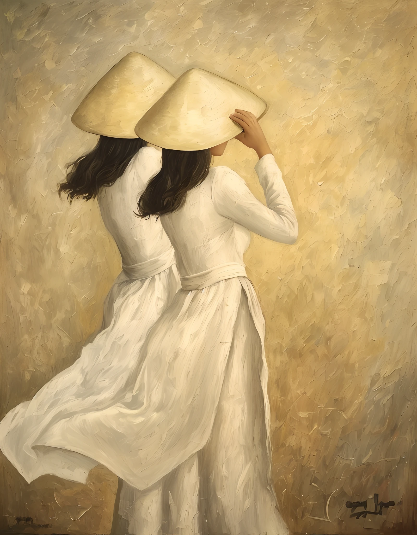 Painting of two women in white dresses and hats with their backs to the side, Directed by: Kim Du-ryang, Directed by: Ruth Jên, por Kim Deuk-sin, Directed by: Bridget Bate Tichenor, pintura figurativa, Directed by: Ma Quan, Directed by: Elaine Hamilton, por Mei Qing, flowing white robes, arte figurativa, inspirado em Raphaelle Peale, Directed by: Kay Sage