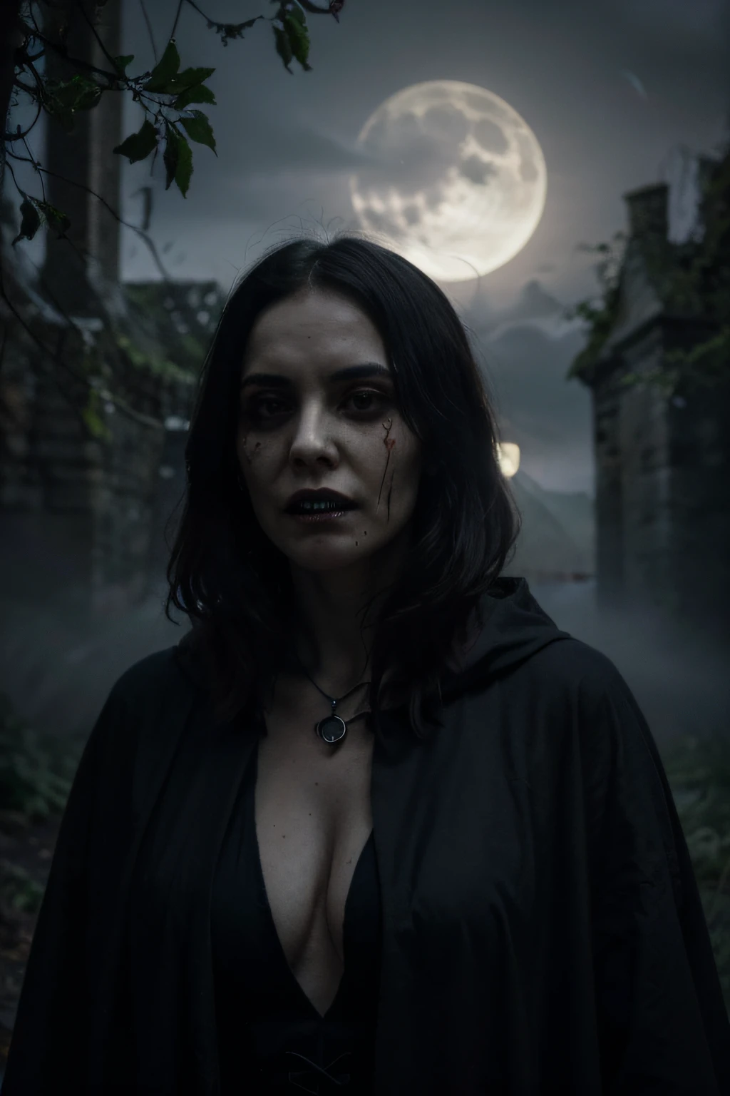 (best quality,4k,8k,highres,masterpiece:1.2),ultra-detailed,(realistic,photorealistic,photo-realistic:1.37),dark gothic,monster,vampire,creepy,ominous,scary,fangs,red eyes,sharp teeth,dark cloak,gloomy atmosphere,mysterious,night scene,detail-rich,haunting,charismatic,vampire lord,spooky forest,misty,moonlight,lonely figure,dramatic pose,ominous shadows,deathly pale skin,beautiful detailed eyes,fierce expression,blood stains,medieval castle,thick fog,creeping vines,ravens,ancient ruins,phosphorescent lights,ethereal,nightmarish,embrace the darkness,seductive allure,transcendental power,dark elegance,phantasmagoric,sublime beauty