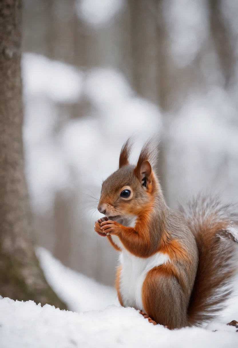 magical enchanted winter forest with snow, a child plays with little squirrels, bokeh effect, high rendering, fully realistic, photography, UHD cinema photo, front side view, reality, official art, 8K quality, Super detail, fine detail skin, film angle, cinematic textures, masterpiece, best image quality,