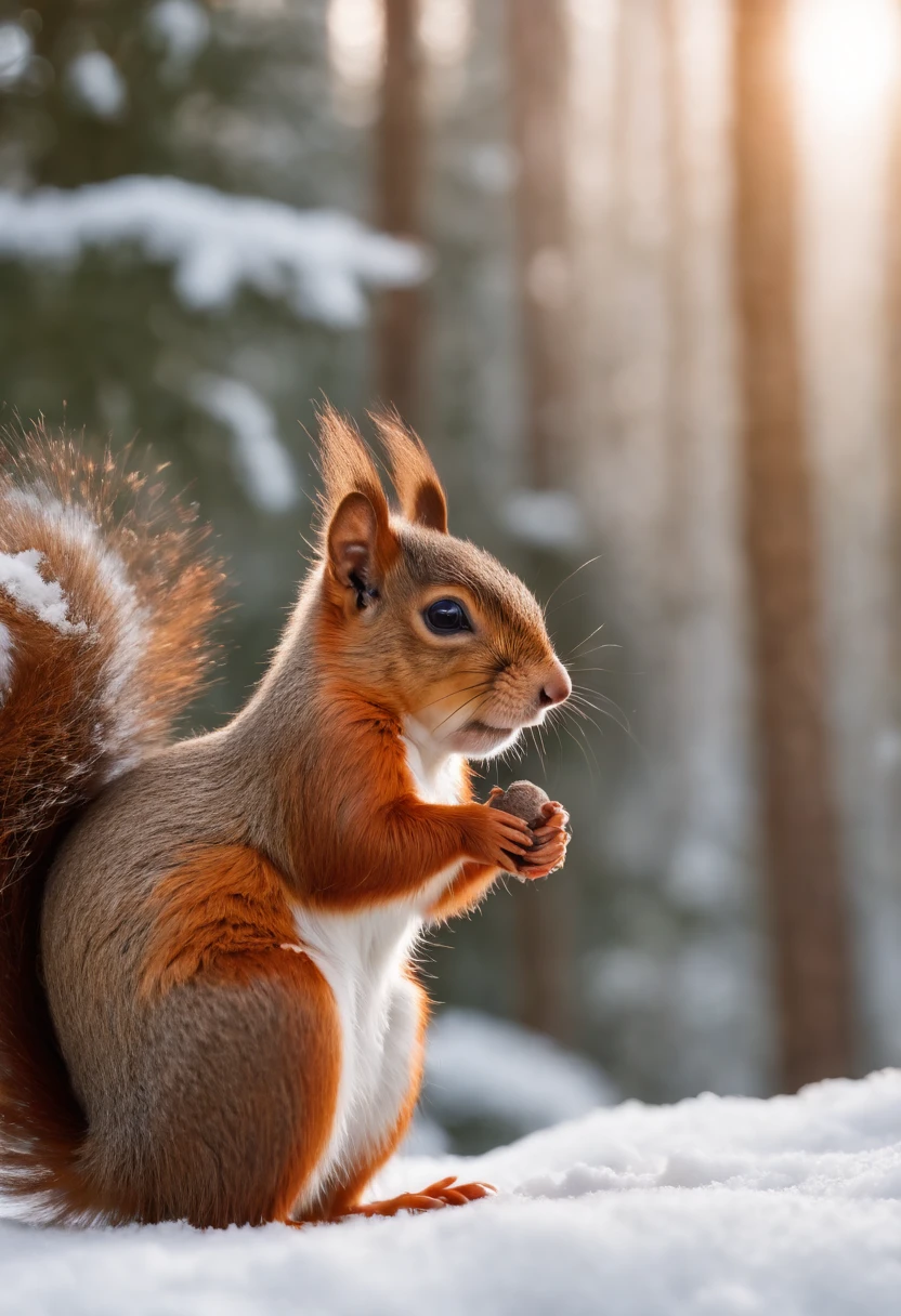 magical enchanted winter forest with snow, a child plays with little squirrels, bokeh effect, high rendering, fully realistic, photography, UHD cinema photo, front side view, reality, official art, 8K quality, Super detail, fine detail skin, film angle, cinematic textures, masterpiece, best image quality,