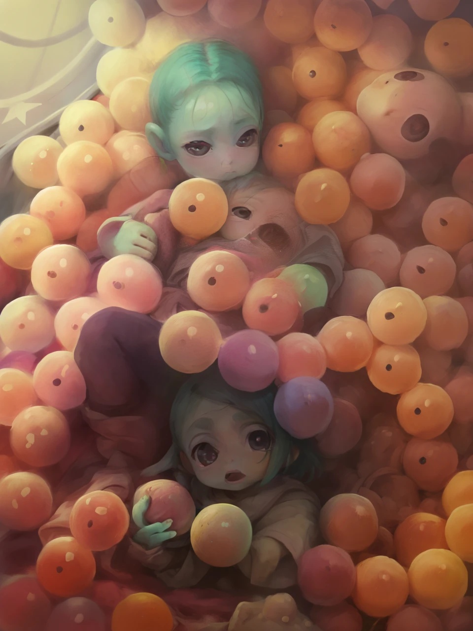 Baby arafed in a ball pit with a stuffed animal, in a ball pit, Softplay, foto de retrato, foto retrato, sobrecarga de processamento sensorial, imagem colorida, foto colorida, Centro de Actividades, inflatable, imagem retrato, foto comercial do brinquedo, Antecedentes complexos, intense expression, multicolor, zona de descoberta, childrens, Coloridas, imagem interna, kids place