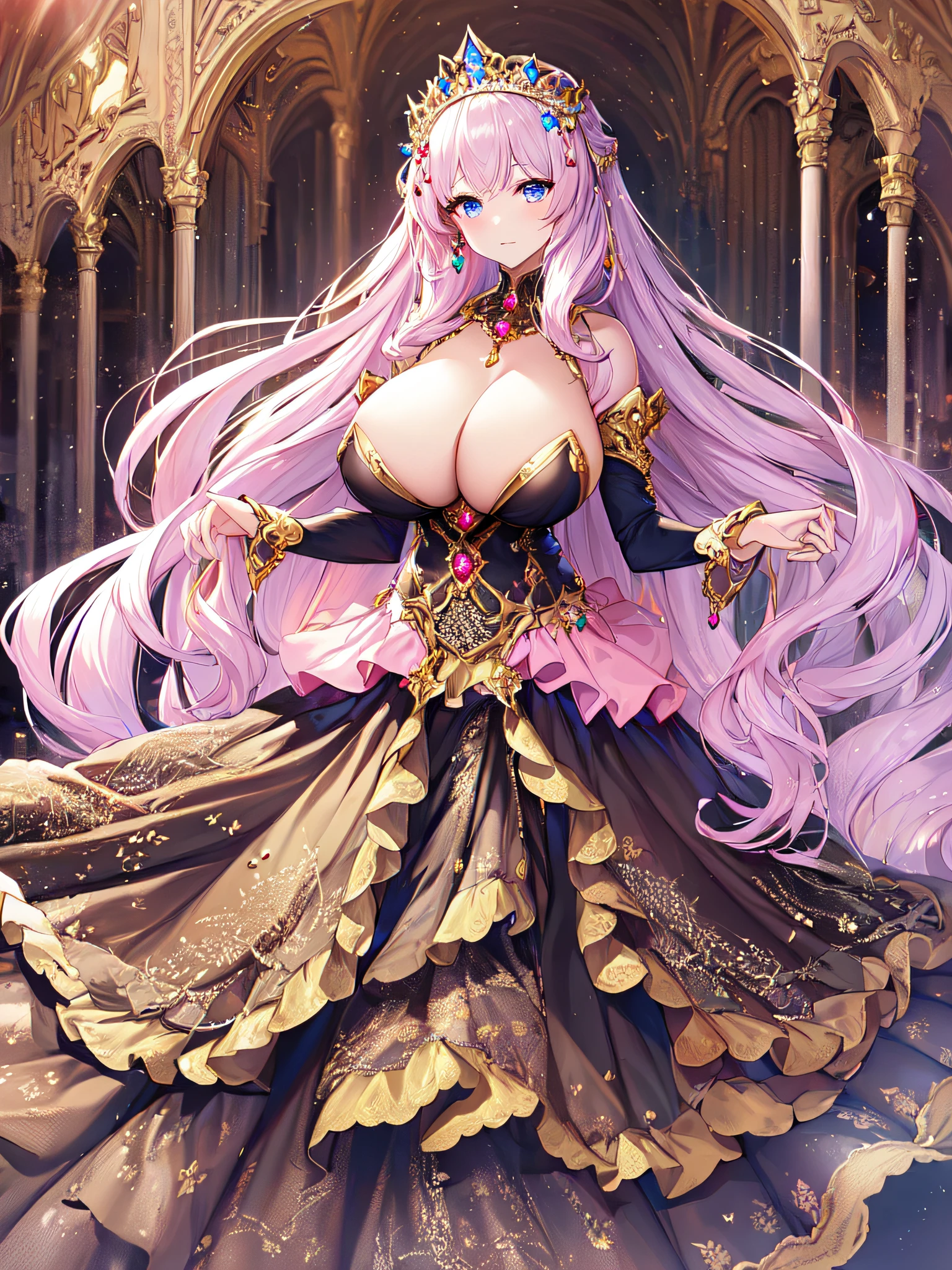 anime artstyle,Masterpiece,Best Quality,Super Detail,Very Delicate and Beautiful,Solo,full body,full body portrait,((1 princess in a pink ballgown)),((fantasy castle,outdoor)),((crinoline,long train)),super detailed gorgeous princess ballgown with voluminous full length hoop skirt,gorgeous princess rococo ballgown with big bows,gorgeous princess rococo ballgown with big bows,gorgeous princess rococo ballgown with beautiful embroidery and jeweled,detailed face and eyes,jewel-like eyes,((large amount of straight hair,extremely voluminous Very Long Hair,Absolutely Long Straight Hair)),((((very gigantic boobs)),cleavage,Skindentation,extremely gorgeousfull hair ornament,bling-bling extremely gorgeousfull jeweled tiara,luxurious jewelry,full body