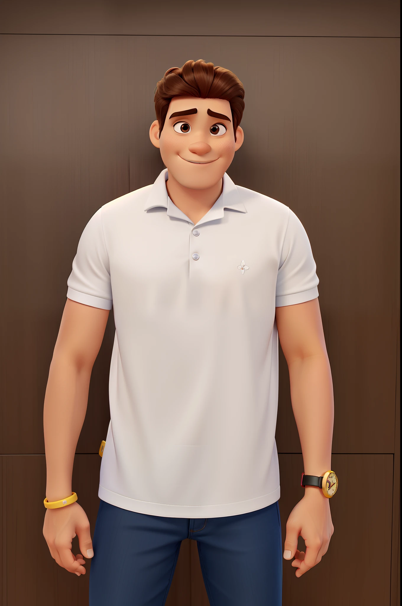 estilo disney pixar, camisa braca pulseira de ouro cabelo preto relogio marrom