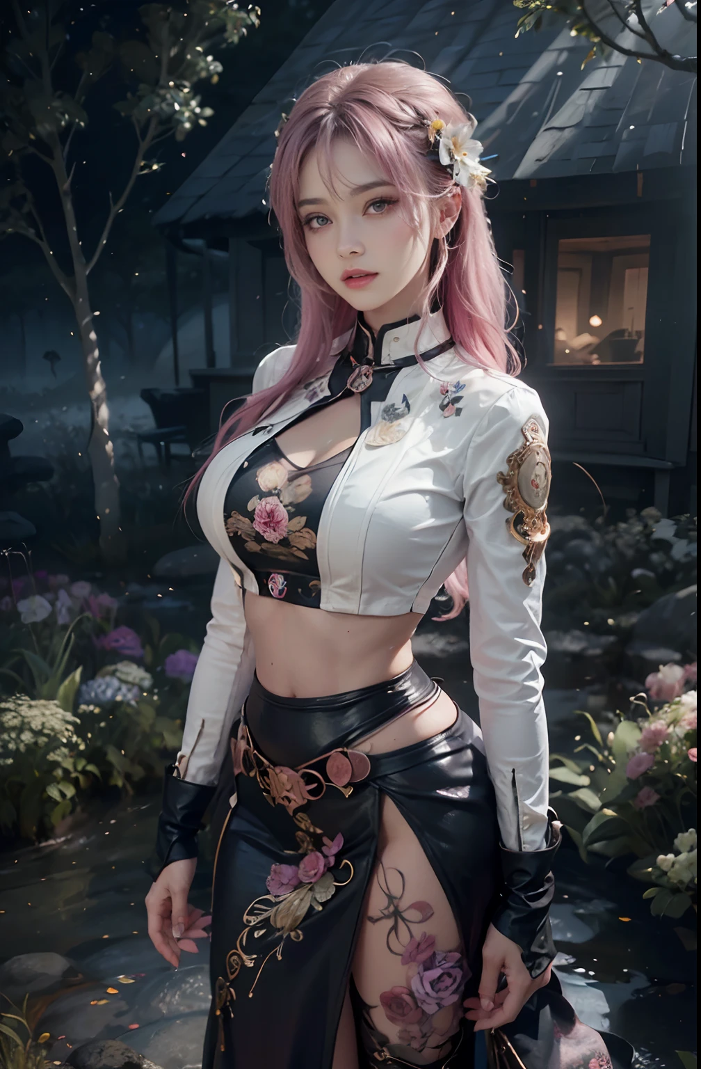 absurdres, highres, ultra detailed, (1girl:1.3), steampunk,
long hair, curly drill hair, pink hair, purple eyes, happy:1.3, adult, mature, blush, costume, intricate fantasy crop top with long sleeves, simple, affordable, cheap engraving,
dynamic, mosaic art, psychedelic, fractal patterns, geometric figures,
(flowers, petals,nature),
(hair, realistic:1), (smooth skin, realistic:1), (eyes, bright:1),
Bright Tone,