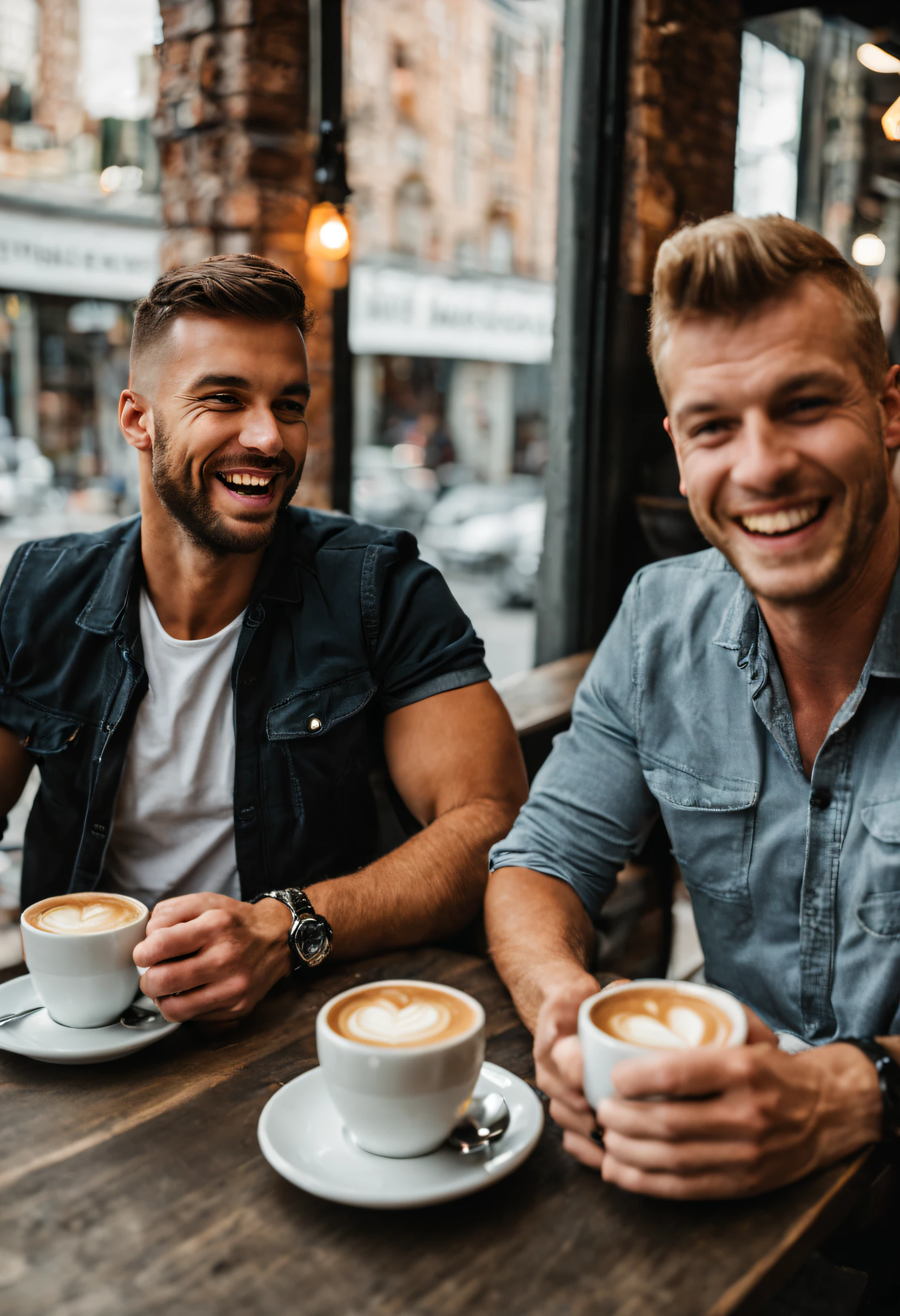 happy smiling young men having coffee at a tcafe