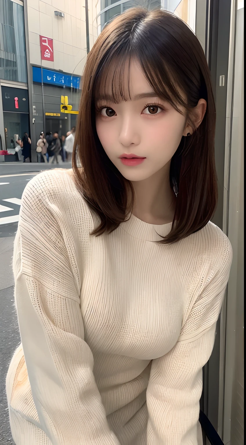 finely detail, hight resolution, hightquality、Perfect dynamic composition, Beautiful detailed eyes, Medium Hair, small tits、Natural Color Lip,Kamimei、Shibuya、20 years girl、1 persons、Transparent skin、Glowing hair、masutepiece, Best Quality, Illustration, Ultra-detailed, finely detail, hight resolution, 8K、The correct state of the human body、Crouch down、pretty pose,dishevled hair,beauty legs,Perfect beautiful face,KPOP Idol Face,Wear a long-sleeved knit dress