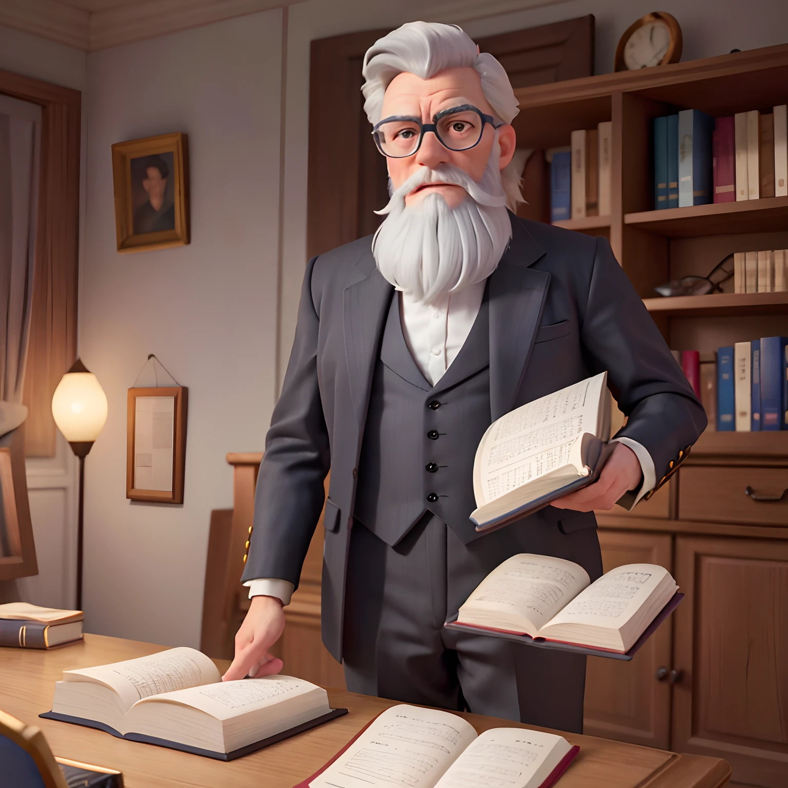 vieillard, inspiré de Disney Pixar, inspiré du pasteur ( Rubens janvier ) un homme au cheveux gris foncé portant des lunettes dans un bureau avec un livre sur la table regardant vers l'avenir serieux, old man, cheveux gris foncé, a black suit