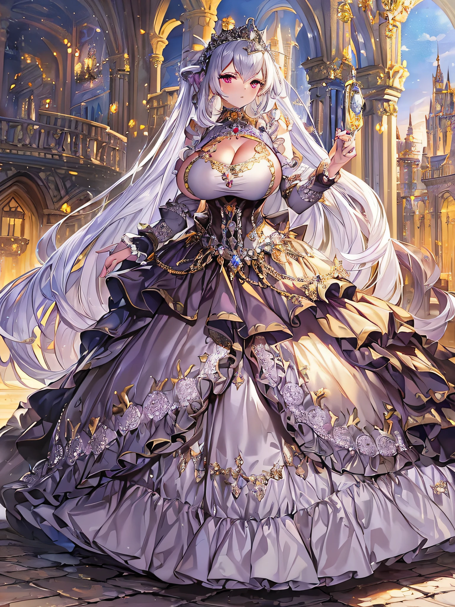 anime artstyle,Masterpiece,Best Quality,Super Detail,Very Delicate and Beautiful,Solo,full body,full body portrait,((1 silver princess)),((fantasy castle,outdoor)),((crinoline,long train)),super detailed gorgeous princess ballgown with voluminous full length hoop skirt,gorgeous princess rococo ballgown with big bows,gorgeous princess rococo ballgown with big bows,gorgeous princess rococo ballgown with beautiful embroidery and jeweled,detailed face and eyes,jewel-like eyes,((large amount of straight hair,extremely voluminous Very Long Hair,Absolutely Long Straight Hair)),((((very gigantic boobs)),cleavage,Skindentation,extremely gorgeousfull hair ornament,bling-bling extremely gorgeousfull jeweled tiara,luxurious jewelry,full body