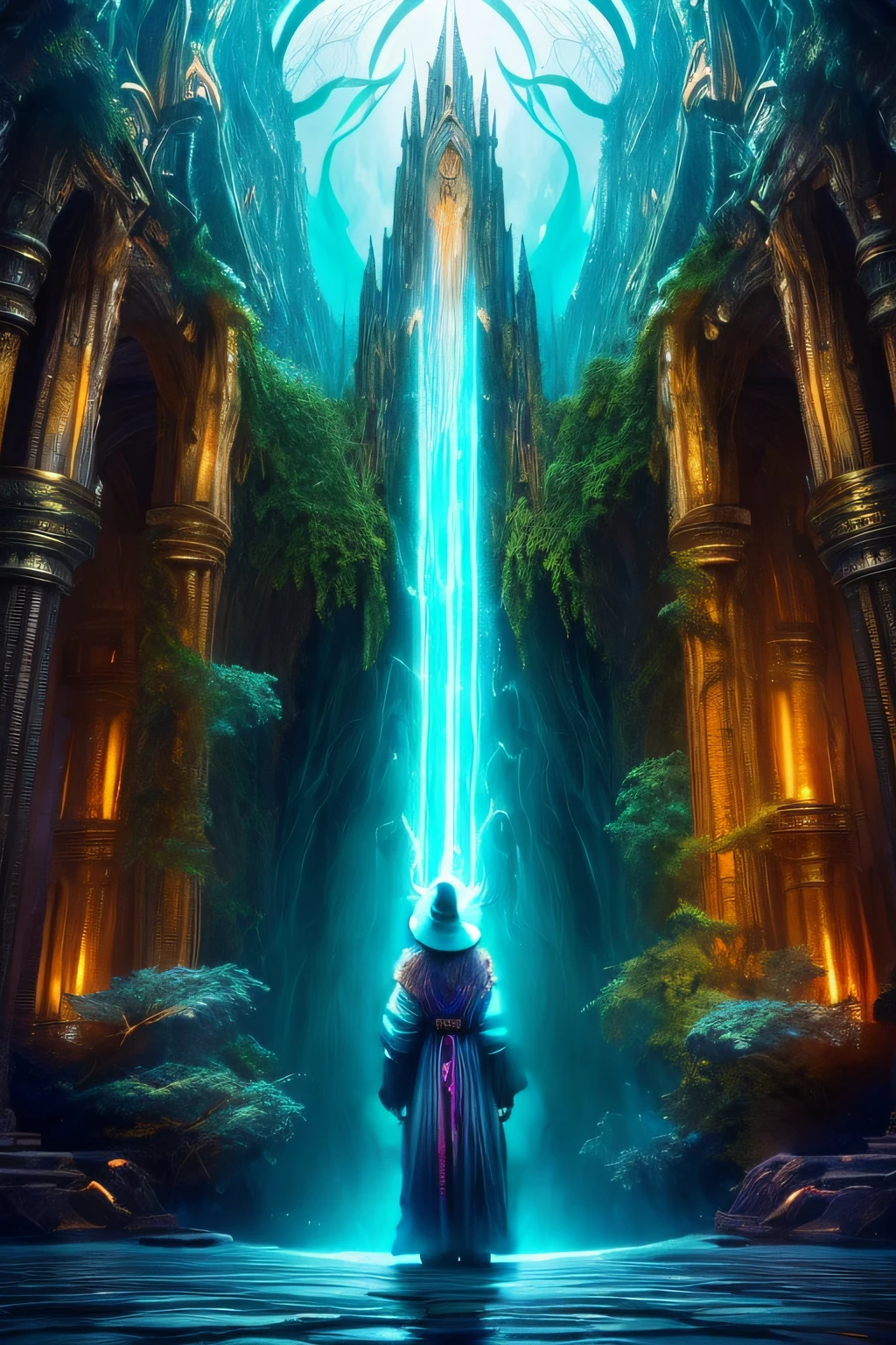 a wizard with a detailed robe and hat, facing away from the viewer, looking at the portal, detailed magical staff and spellbook, mysterious glowing runes, misty and ethereal atmosphere, mystical lighting effects, dark and enchanting color tones, fantasy art style, high resolution, realistic rendering, intricate details, vibrant colors.