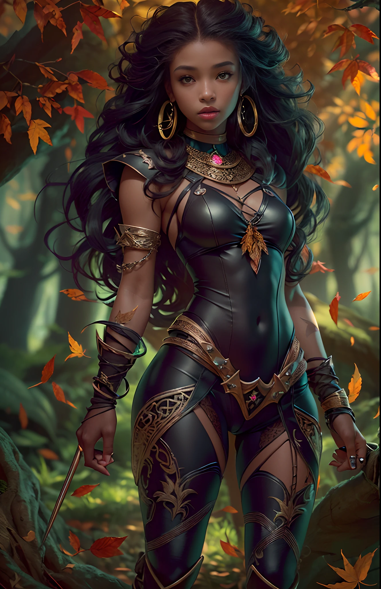 ((20-year-old))) black girl, (((light skin))), druid, magical aura surrounding her, she is in a mysterious dark forest with monsters surrounding her, (((thigh gap))), (((cameltoe))), (((close-up full body pose))), long black wavy hair, high heel boots, (((wearing leaves))), (((Dungeons and Dragons style art))), fantasy art, Rich, Deep Colours, (intricate details:0.9), (HDR, hyper-detailing:1.2), (natural skin textures, hyper realisitc, soft light, Sharp),