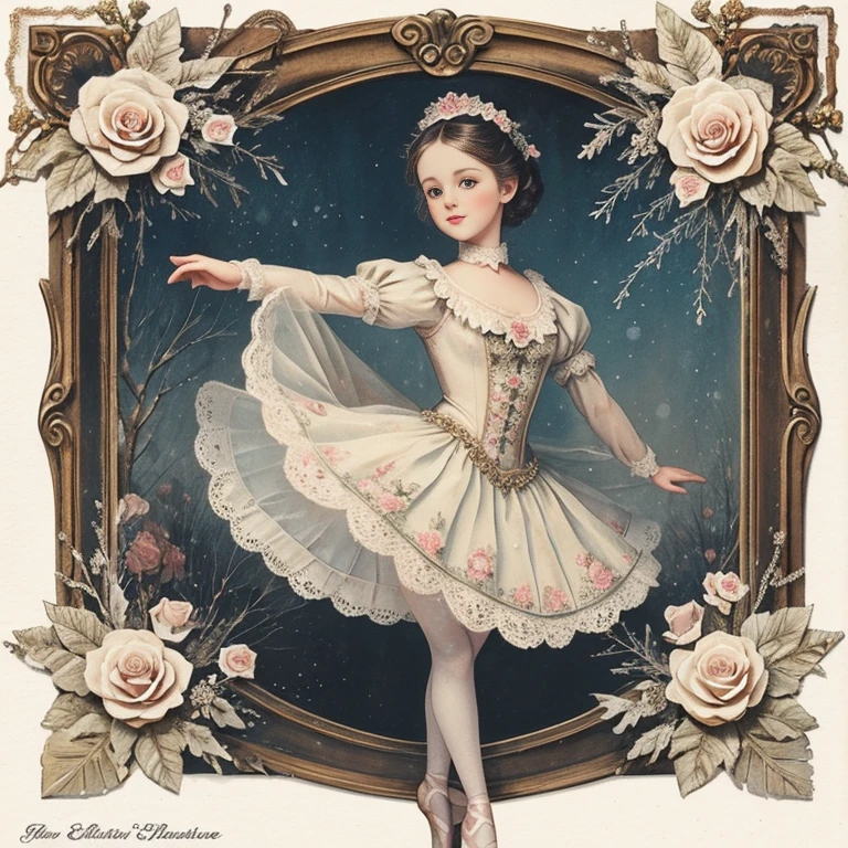 antique vintage card with antique doll, ballerina doll, dancing ballet, winter flowers, gentle winter background, snowflakes, vintage roses with leaves, old paper,  old newspaper, lace, watercolor, craquelure, scrapbook,