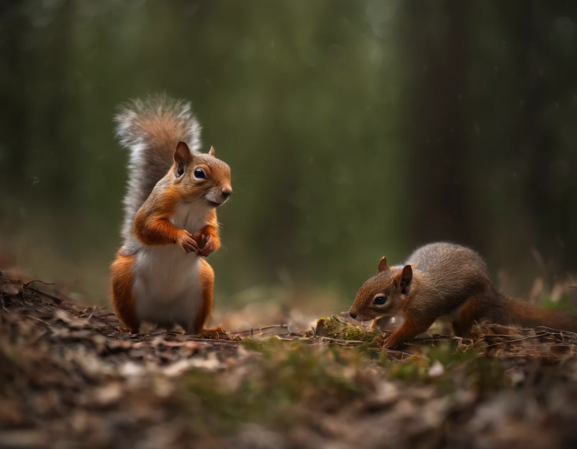 magical enchanted forest with snow, a plays with little squirrels, high rendering, fully realistic, photography, UHD cinema photo, front side view, reality, official art, 8K quality, Super detail, fine detail skin, film angle, cinematic textures, masterpiece, best image quality,