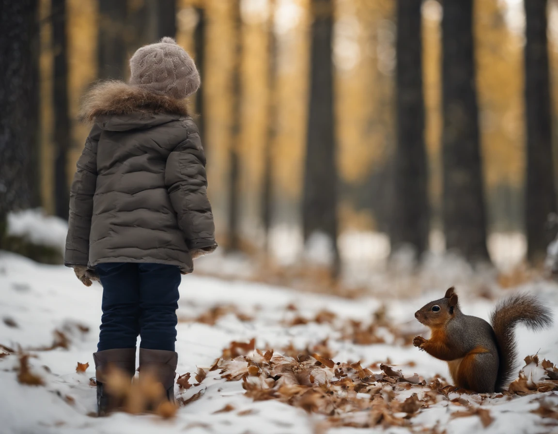 magical enchanted forest with snow, a child plays with little squirrels, high rendering, fully realistic, photography, UHD cinema photo, front side view, reality, official art, 8K quality, Super detail, fine detail skin, film angle, cinematic textures, masterpiece, best image quality,