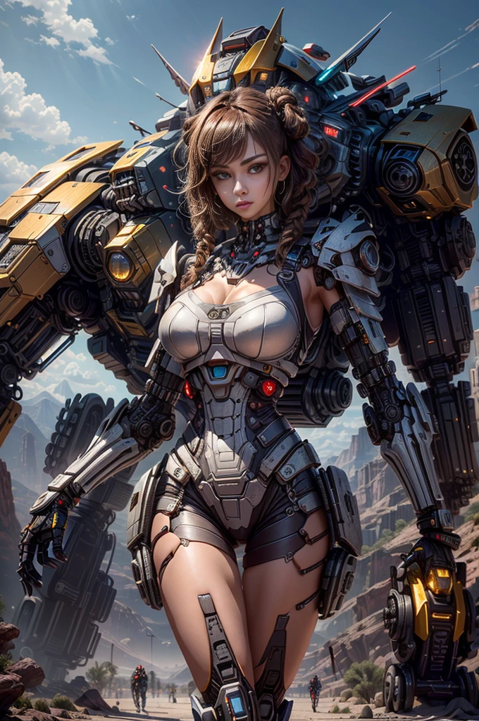 ((Mejor calidad,tmasterpiece,El es muy detallado: 1.3)), 。...3D, (shitu-mecha), ((1chica parada frente al espectador,Hermosa mujer cyberpunk con una corona, Armadura con estilo maestro de cocina, sci-fi technology, muy sexy,cuerpo completosbian,Postura de lucha,Cabello moreno con trenzas,Behind him was a huge Transformer,Hermosa mujer cyberpunk con su mecha en un planeta desierto del universo olvidado,Cybertron Technologies: 1.5)), (Trazado de rayos, NVIDIA RTX, Hiperresolución, Irreal 5, Sub-Surface Scatterring, Textura PBR, Post-procesamiento, Anisotropy Filtering, Profundidad de campos, Maximum acutancia and acutancia, Texturas de muchas capas, Mapas especulares y de albedo, Surface Coloring, Accurate simulation of light-material interactions, proporciones perfectas,Renderizado por Octane,TwoToneLighting,ISO bajo,balance de blancos,tricotomía,Apertura grande,Datos sin procesar de 8K,High Efficiency Sub-Pixel,sub-pixel convolution,light particules,Light scattering,Efecto Tyndall)