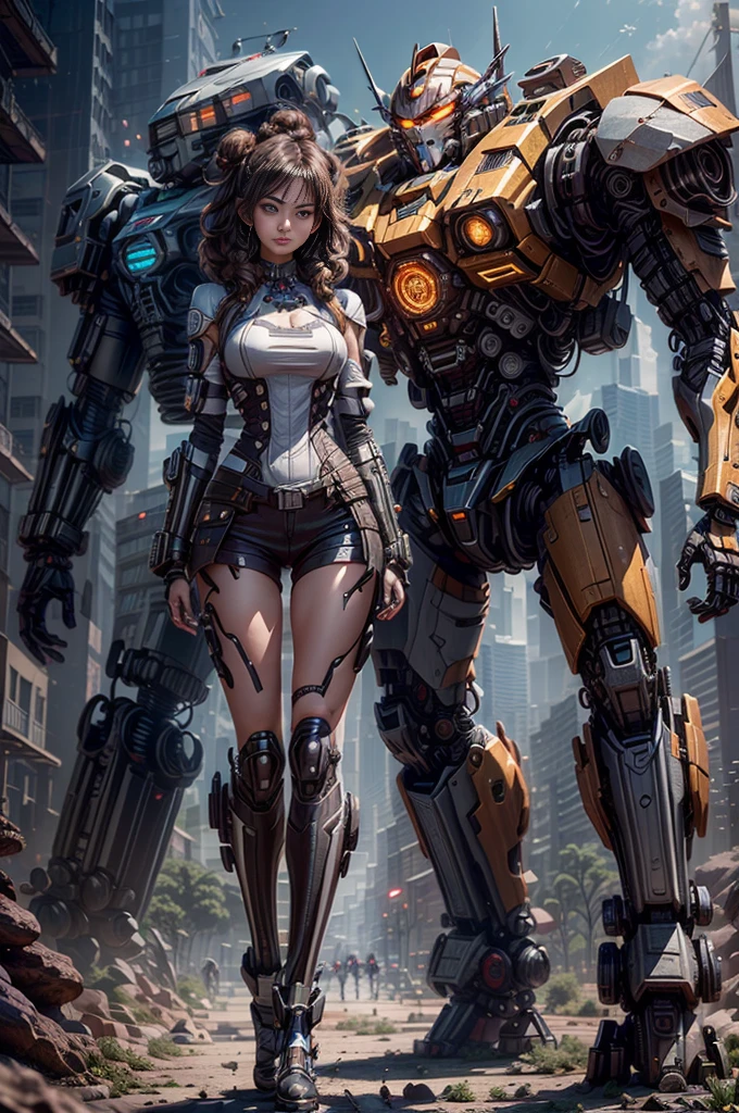 ((Mejor calidad，tmasterpiece，El es muy detallado: 1.3)), 。...3D, (shitu-mecha), ((1chica parada frente al espectador，Hermosa mujer cyberpunk con una corona， Armadura con estilo maestro de cocina， sci-fi technology， muy sexy，cuerpo completosbian，Postura de lucha，Cabello moreno con trenzas，Behind him was a huge Transformer，Hermosa mujer cyberpunk con su mecha en un planeta desierto del universo olvidado，Cybertron Technologies: 1.5)), (Trazado de rayos， NVIDIA RTX， Hiperresolución， Irreal 5， Sub-Surface Scatterring， Textura PBR， Post-procesamiento， Anisotropy Filtering， Profundidad de campos， Maximum acutancia and acutancia， Texturas de muchas capas， Mapas especulares y de albedo， Surface Coloring， Accurate simulation of light-material interactions， proporciones perfectas，Renderizado por Octane，TwoToneLighting，ISO bajo，balance de blancos，tricotomía，Apertura grande，Datos sin procesar de 8K，High Efficiency Sub-Pixel，sub-pixel convolution，light particules，Light scattering，Efecto Tyndall）