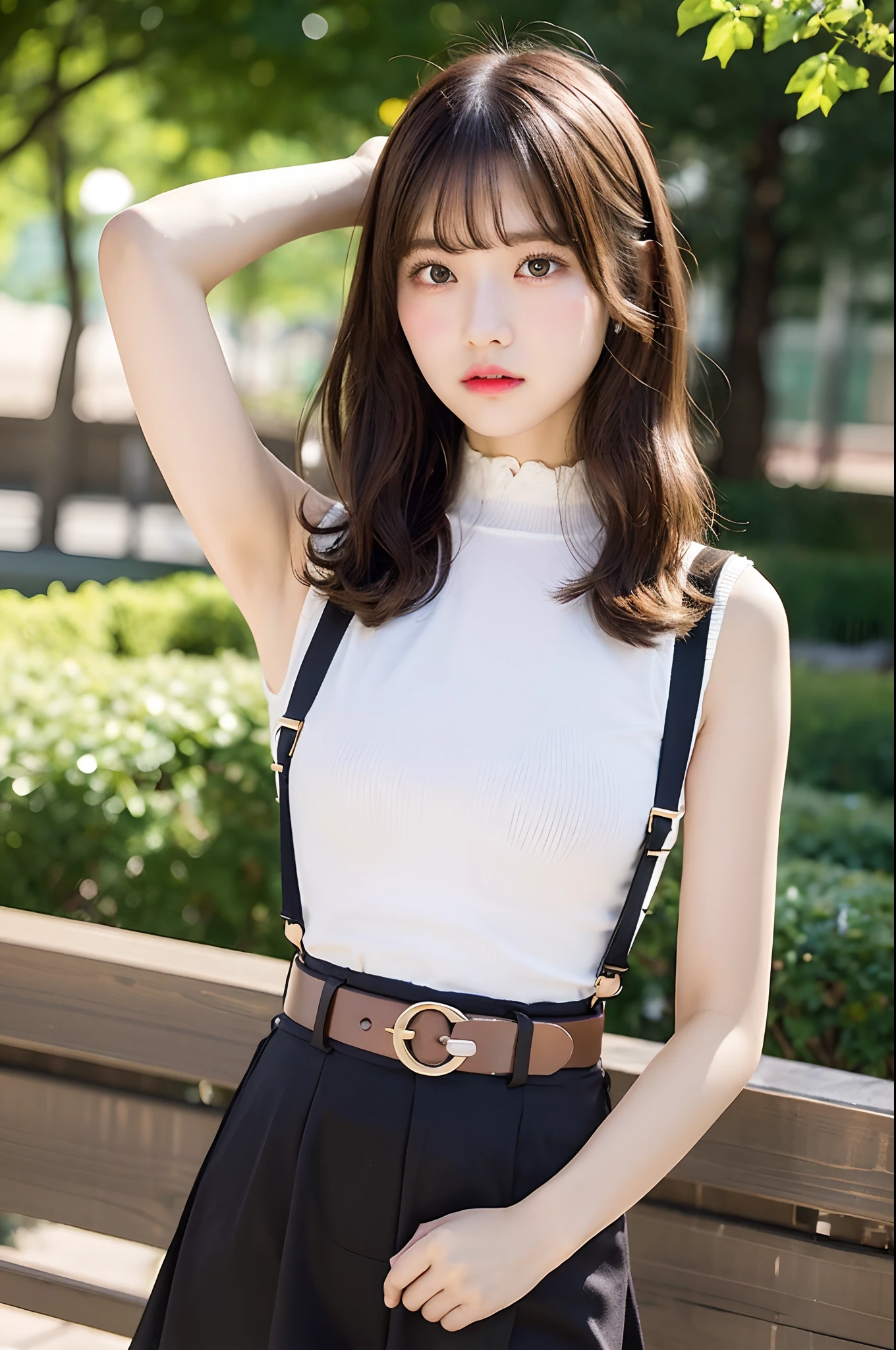 masterpiece、flat-colors、depth of fields、lens flare 1 girl、、Brown hair、watching at viewers a belt black suspenders bulging big breasts Armpit sweat perspiring Side of both hands walls: Black pants, Gaze Small face Bangs Upper Eyes flank a miniskirt garters