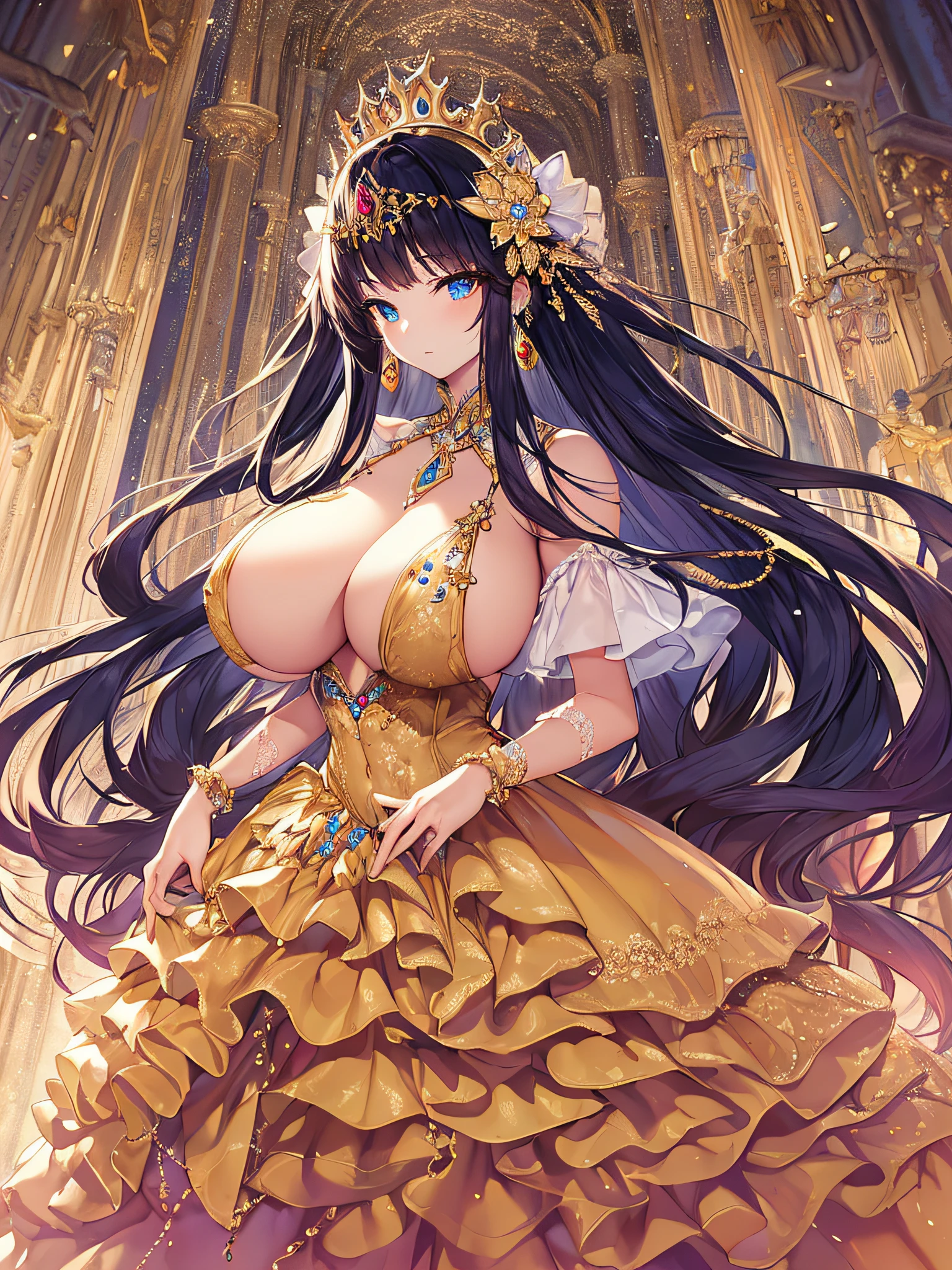 anime artstyle,Masterpiece,Best Quality,Super Detail,Very Delicate and Beautiful,Solo,full body,full body portrait,((1 princess in a jeweled ball gown)),((fantasy castle,outdoor)),((crinoline,long train)),super detailed gorgeous princess ballgown with voluminous full length hoop skirt,gorgeous princess rococo ballgown with big bows,gorgeous princess rococo ballgown with big bows,gorgeous princess rococo ballgown with beautiful embroidery and jeweled,(detailed face and eyes),jewel-like eyes,((large amount of straight hair,extremely voluminous Very Long Hair,Absolutely Long Straight Hair)),((((very gigantic boobs)),cleavage,Skindentation,extremely gorgeousfull hair ornament,bling-bling extremely gorgeousfull jeweled tiara,luxurious jewelry,full body