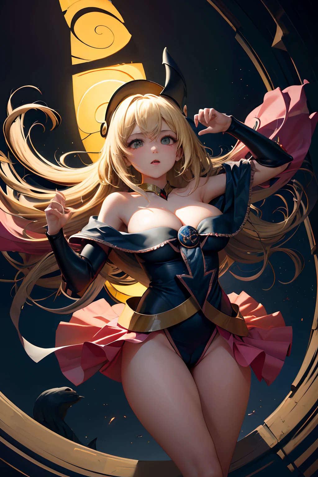 (Obra maestra:1.2), (La mejor calidad:1.2), Perfect lighting, Chica Maga Oscura lanzando un hechizo, flotando en el aire, tetas grandes, escote, fondo de magia, desde arriba, Destellos de luz. Pose sejustiva y sexy. Fondo de paisaje chino