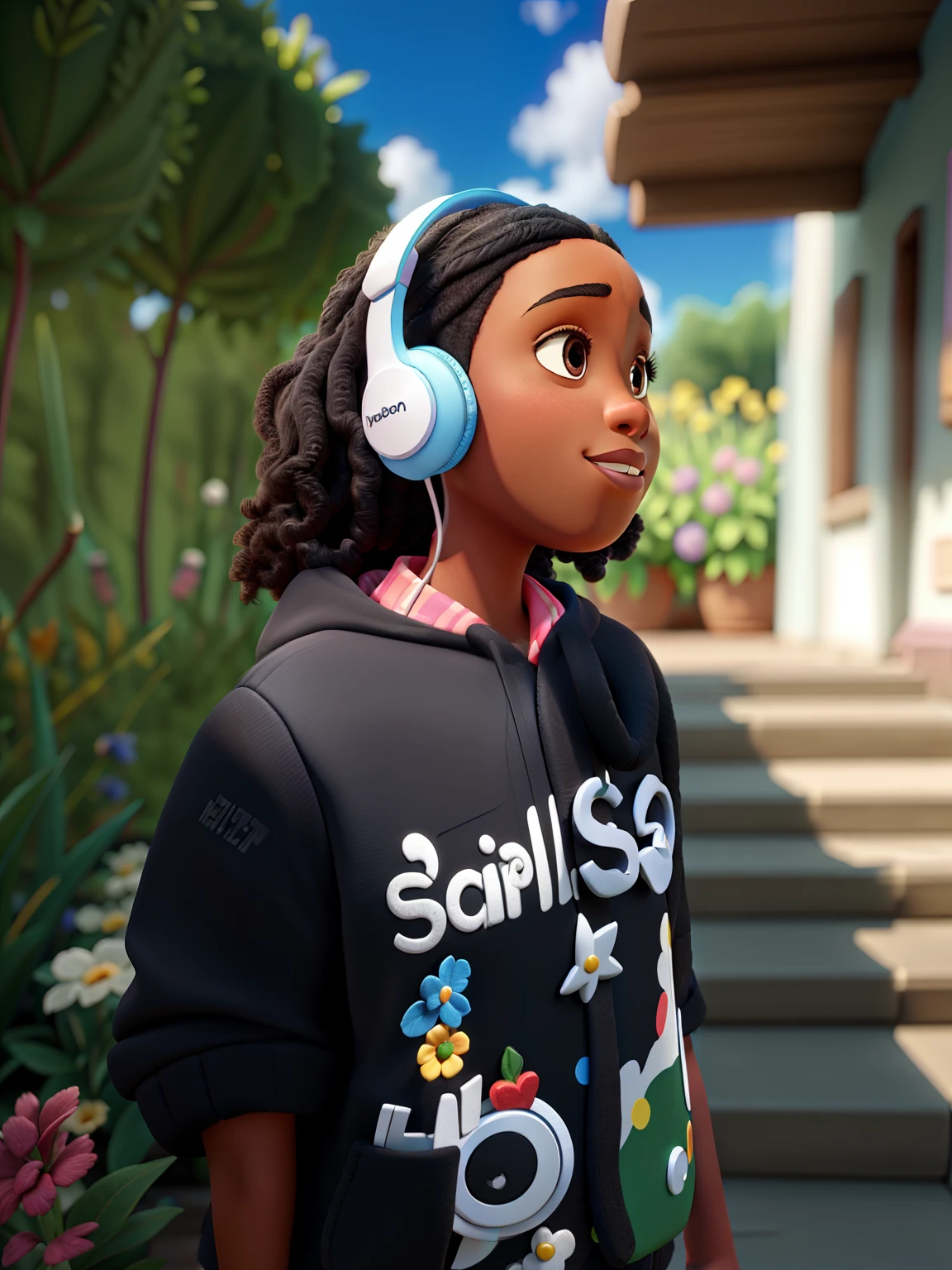 Black girl wearing headphones in garden Disney Pixar high quality best quality