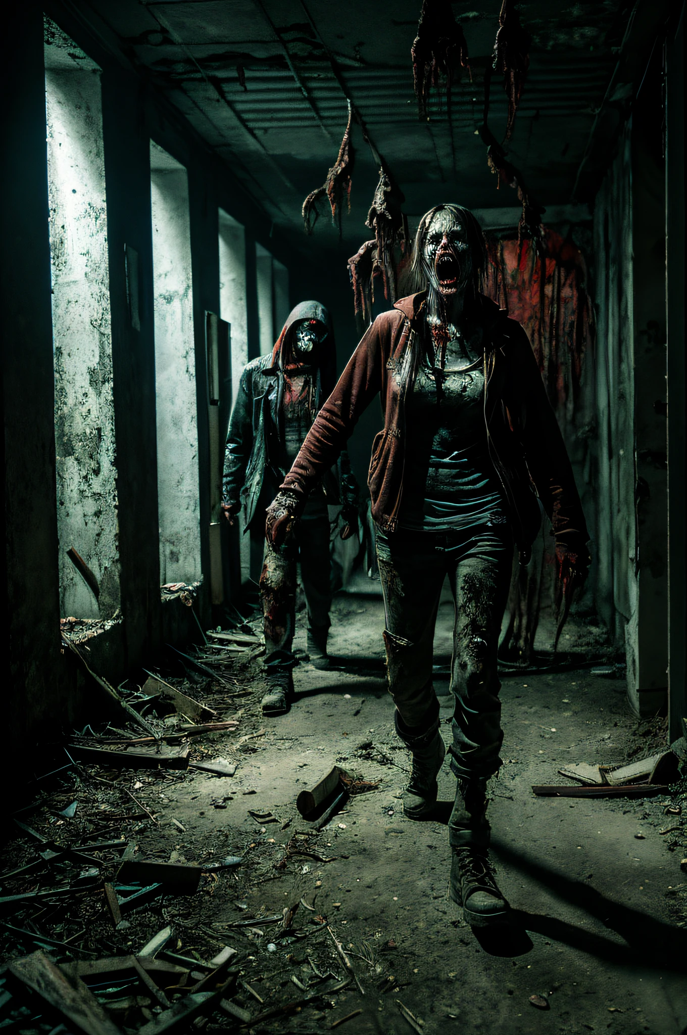 scary,zombie girl,walking dead,(best quality,4k,8k,highres,masterpiece:1.2),ultra-detailed,(realistic,photorealistic,photo-realistic:1.37),dark atmosphere,mysterious lighting,horror genre,creepy,decayed flesh,blood splatters,rotting clothes,sharp teeth,empty eyes,horror movie scene,abandoned street,post-apocalyptic setting,horde of zombies,horror makeup,haunting expression,undead creatures,eerie shadows,ominous atmosphere,disturbing,terrifying,nightmare-inducing,macabre artwork,dark and twisted,horror masterpiece,sinister,ghoulish,evil presence,creepy scenery,horror-themed art,frantic screams,spooky ambiance.