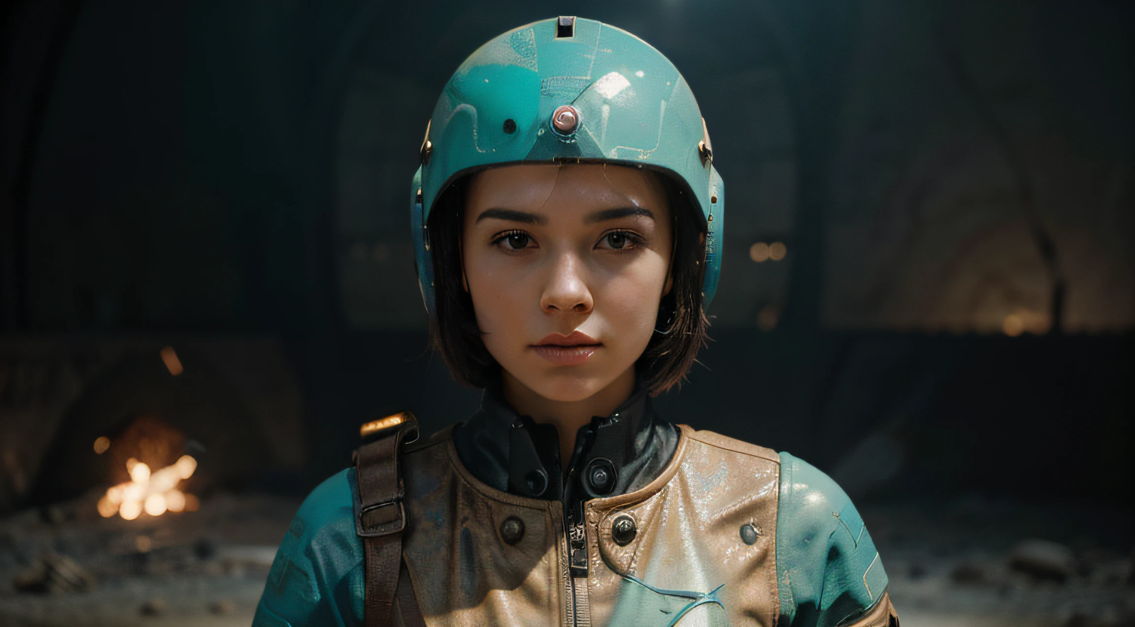 A Robot Girl with helmet and the Rocketeer style, tongs in hands, Tv head, pinhead, Black and Yellow Pink Cyan Rusty, Ambient in a meteorite crater super detailed, center, beautiful, soft lighting, focused on the character, 4K resolution, photorealistic rendering.