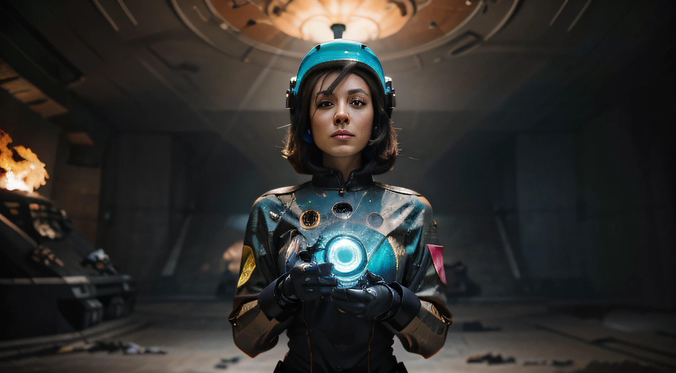 A Robot Girl with helmet and the Rocketeer style, tongs in hands, Tv head, pinhead, Black and Yellow Pink Cyan Rusty, Ambient in a meteorite crater super detailed, center, beautiful, soft lighting, focused on the character, 4K resolution, photorealistic rendering.