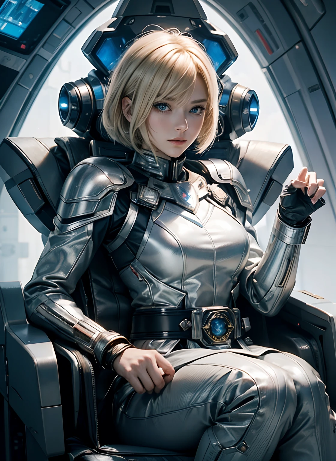 Beautiful woman with blonde hair and blue eyes、You sit in a luxurious command seat inside a spaceship。Her hair is short。He wears a silver combat uniform.、At the waist, there is something reminiscent of Kamen Rider's transformation belt。She's in a spaceship。8K picture quality。