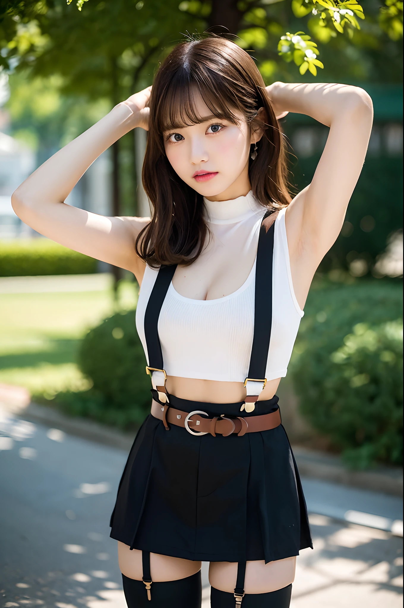 masterpiece、flat-colors、depth of fields、lens flare 1 girl、、Brown hair、watching at viewers a belt black suspenders bulging big breasts Armpit sweat perspiring Side of both hands walls: Black pants, Gaze Small face Bangs Upper Eyes flank a miniskirt garters