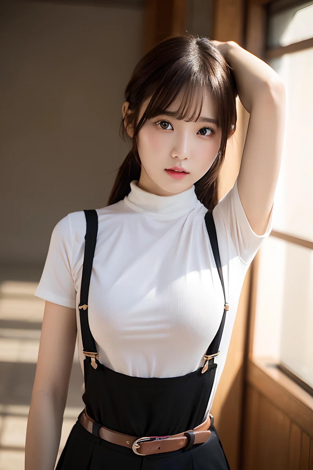 masterpiece、flat-colors、depth of fields、lens flare 1 girl、、Brown hair、watching at viewers a belt black suspenders bulging big breasts Armpit sweat perspiring Side of both hands walls: Black pants, Gaze Small face Bangs Upper Eyes flank a miniskirt garters