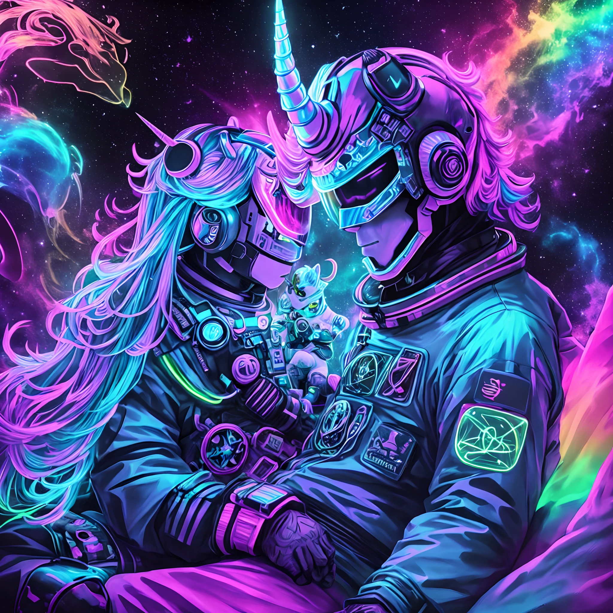 Neon Bioluminescent Samurai wearing  (unicorn) mask sitting on the couch beside cute (Alien) with (Neon-noir) rainbow technicolor aura, watching (Cosmonaut) floating in (space) scene, ultra detailed, intricate, spectacular colors, Alchemical Hallucination art masterpiece --auto --s2