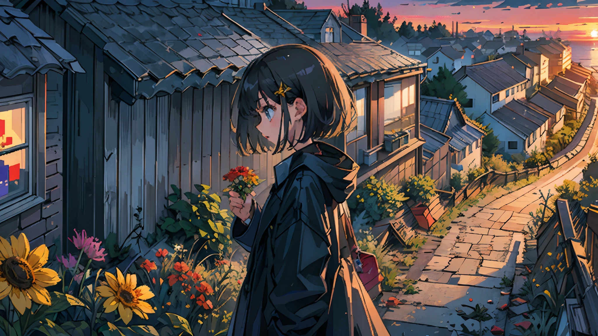 girl with, Black coat, A dark-haired, abandoned houses, Entirely in pixel art, short-haired, holding a flower, during a sunset, A dark-haired profile study