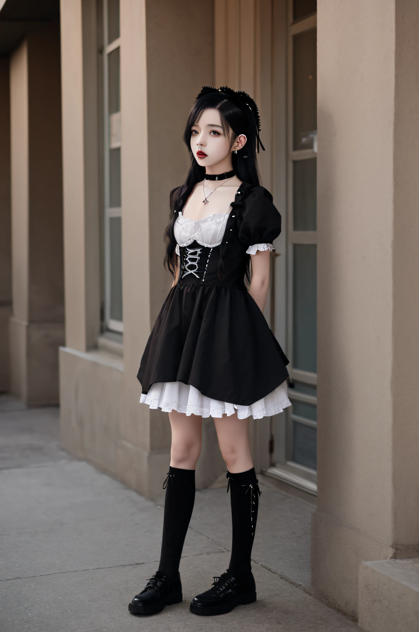 Gothic lolita、ren、kawaii、Beautiful fece、tall、Black hair、Twin-tailed、knee high socks、a choker、ear piercings、a necklace、small tits、Standing up