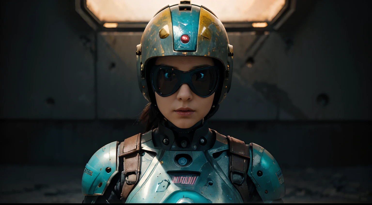 A Robot Girl with helmet and the Rocketeer style, tongs in hands, Tv head, pinhead, Black and Yellow Pink Cyan Rusty, Ambient in a meteorite crater super detailed, center, beautiful, soft lighting, focused on the character, 4K resolution, photorealistic rendering.