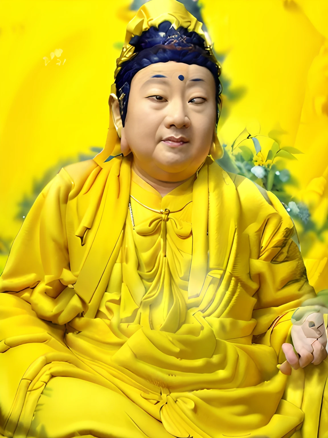 A woman in a yellow robe and a blue hat sits on a rock, feng shu, Yellow robe, mingchen shen, Taoist, with yellow cloths, bian luan, 千 葉 雄 大, Inspired by Yang Buzhi, pan ren wei, dao trong le, yellow robes, king in yellow